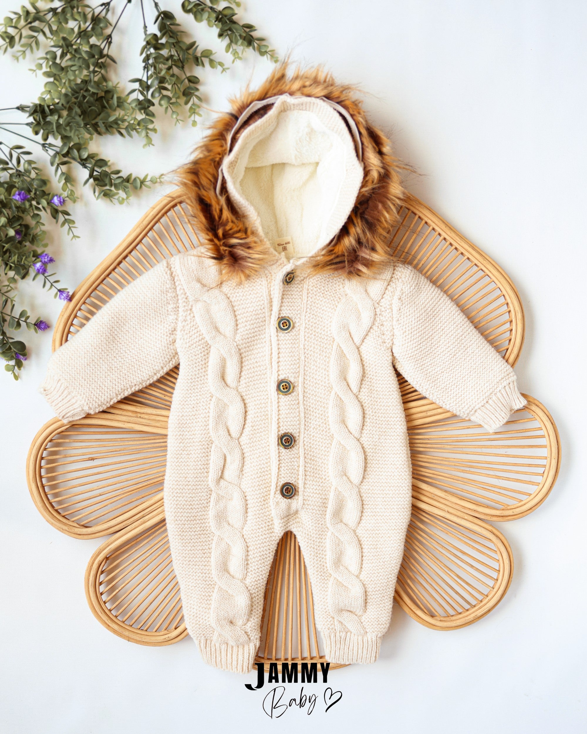 Faux Fur Hooded Knit Jumpsuit - Cream