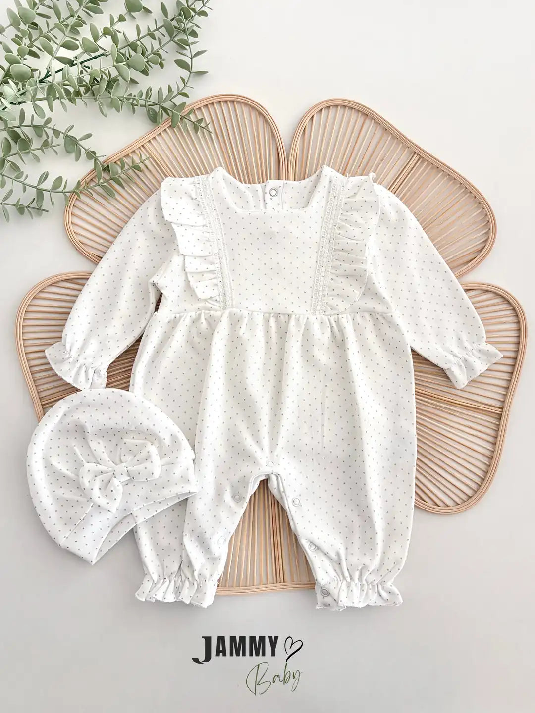 Lora Polka Dot Detail Jumpsuit and Hat Set - WHITE