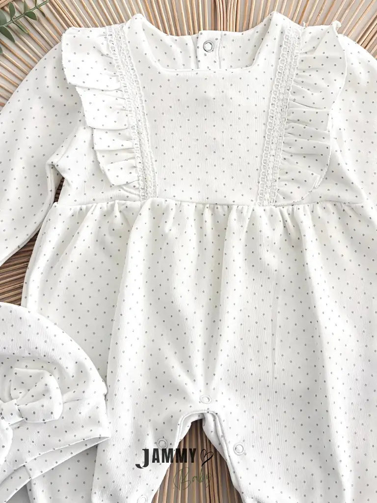 Lora Polka Dot Detail Jumpsuit and Hat Set - WHITE