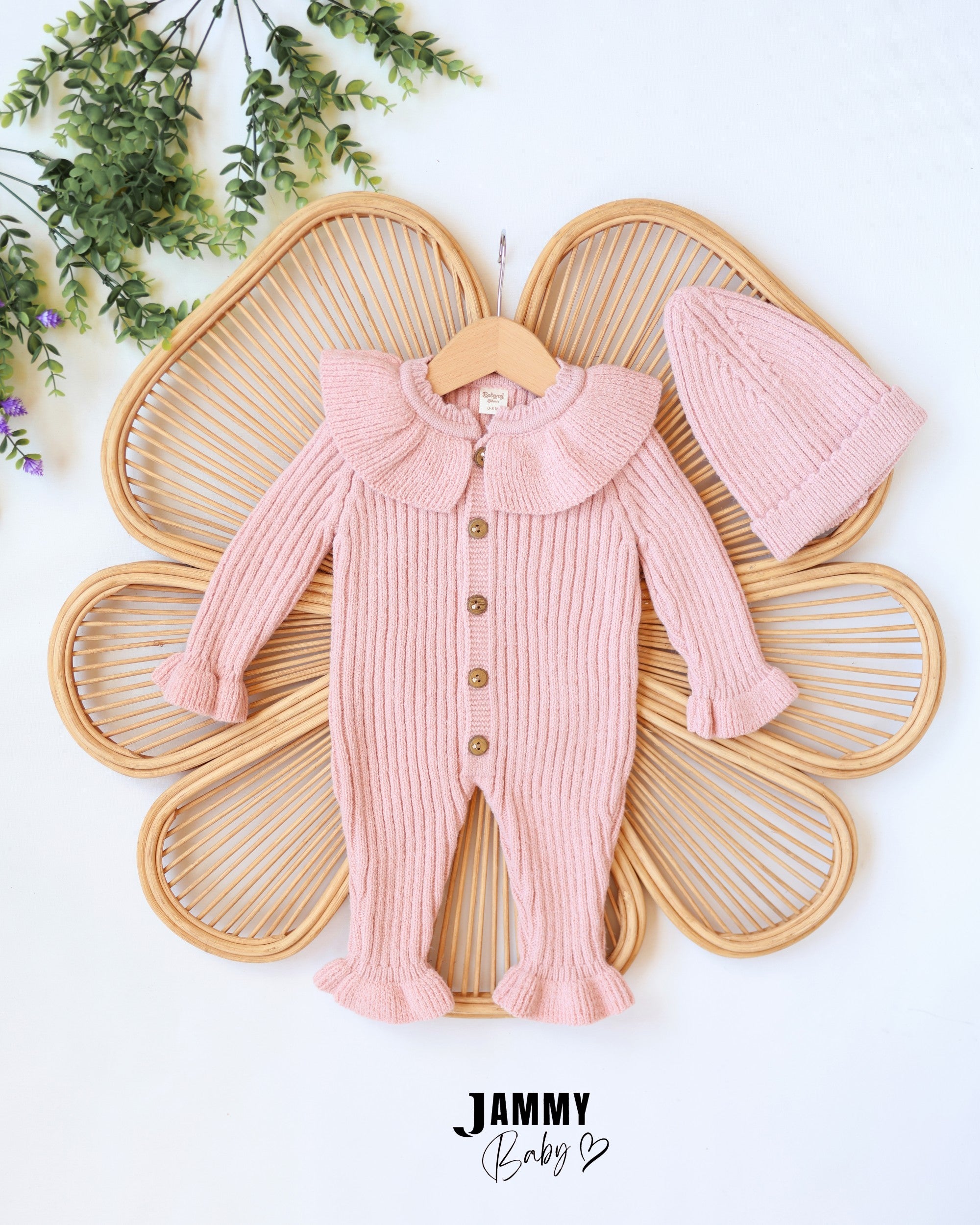 Ruffle Knit Jumpsuit & Beanie Set - Dusty Pink
