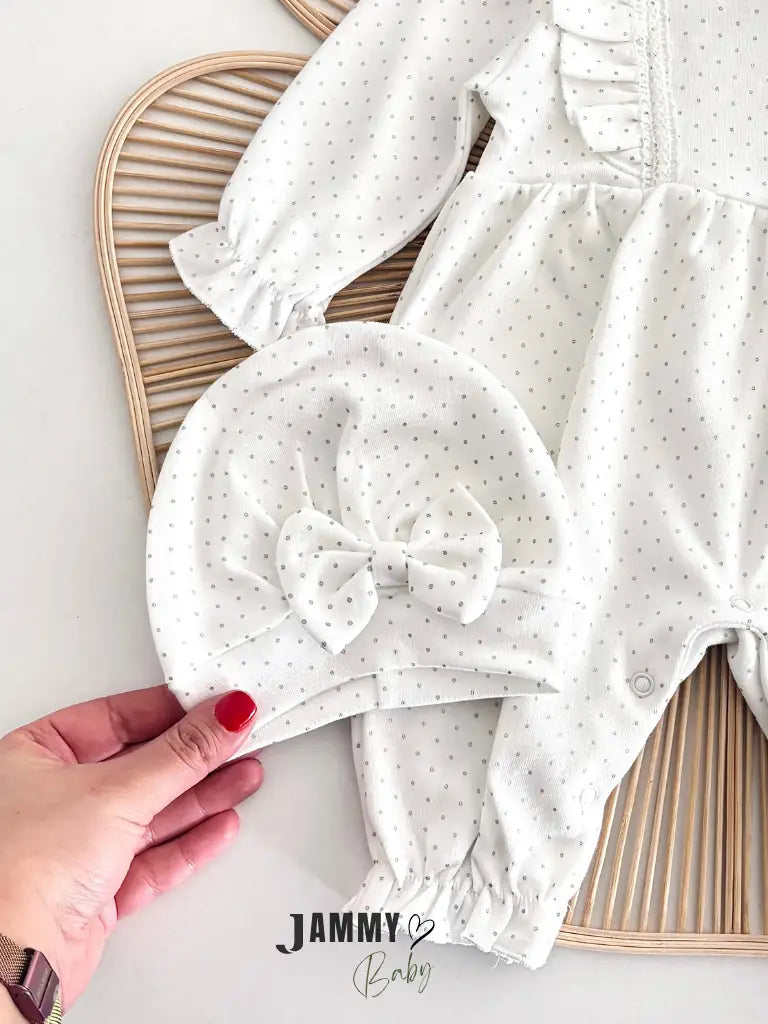 Lora Polka Dot Detail Jumpsuit and Hat Set - WHITE