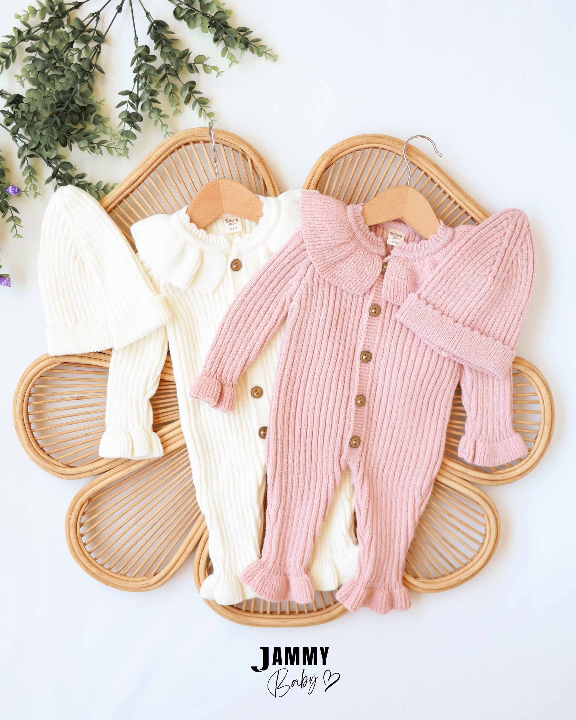 Ruffle Knit Jumpsuit & Beanie Set - Dusty Pink
