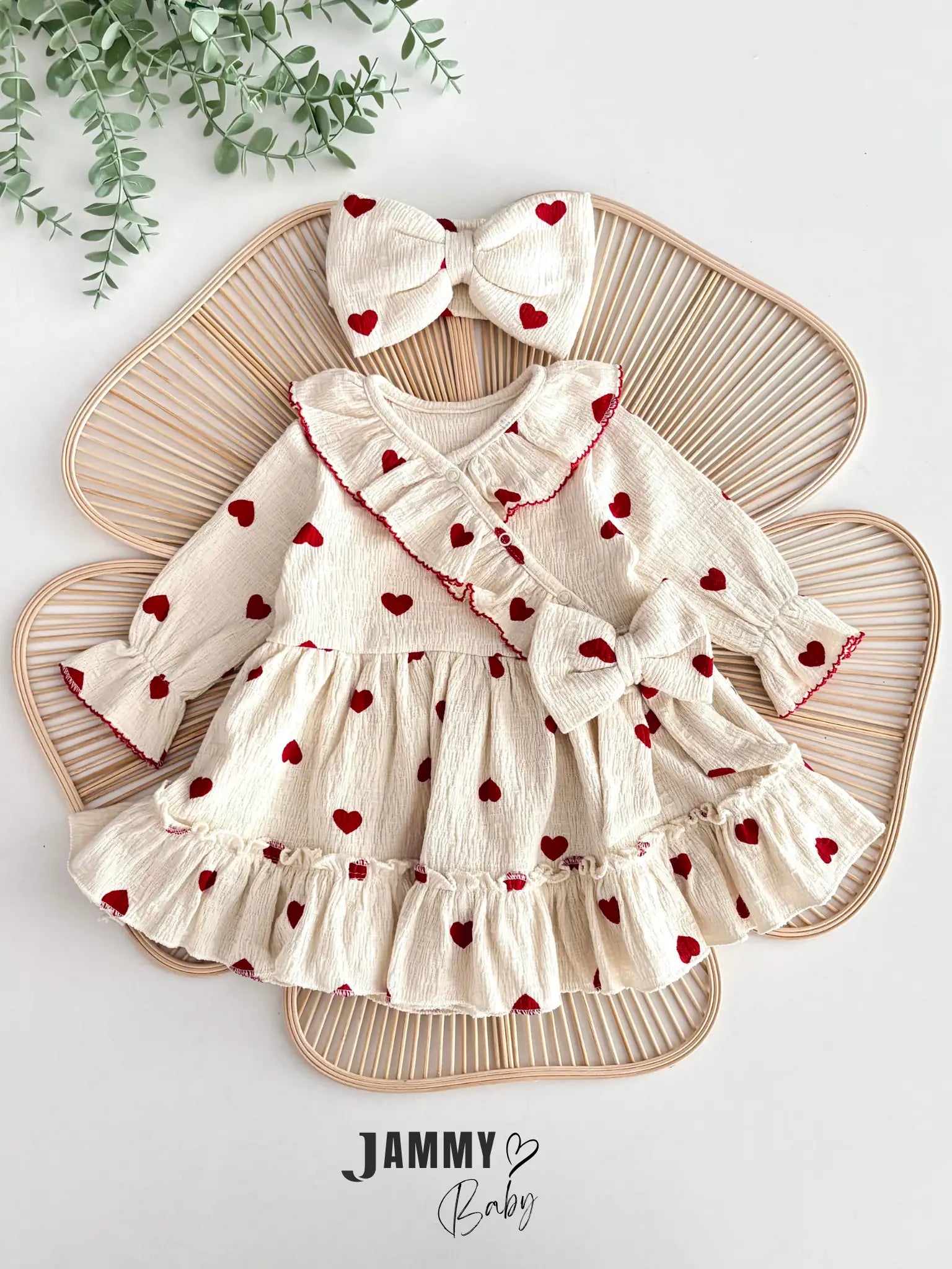 Amore Heart Pattern Crochet Premium Dress & Bandana Set – Red
