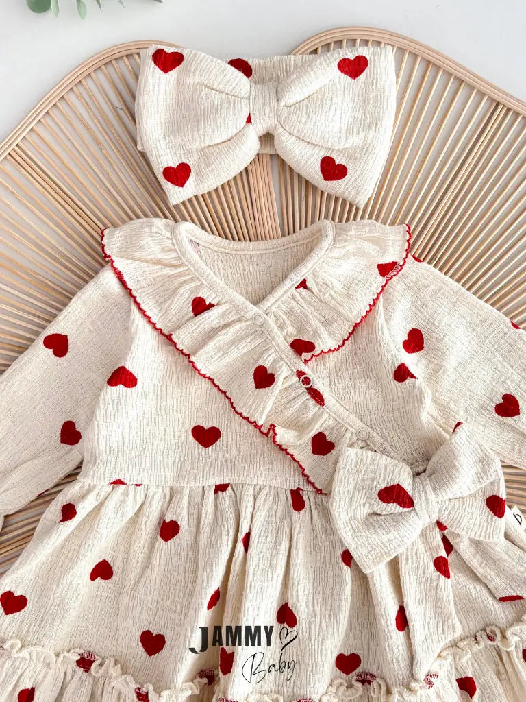 Amore Heart Pattern Crochet Premium Dress & Bandana Set – Red