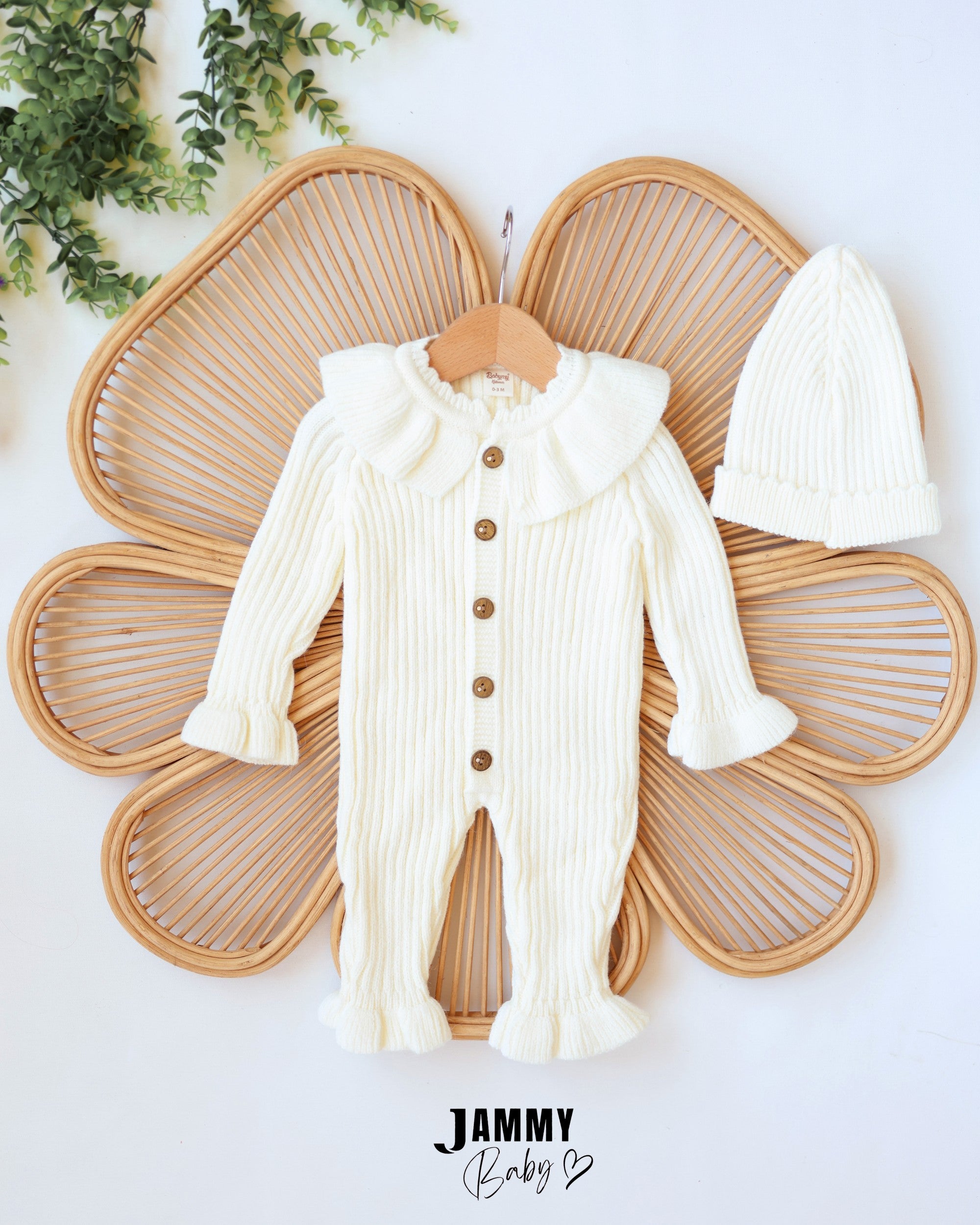 Ruffle Knit Jumpsuit & Beanie Set - Ivory
