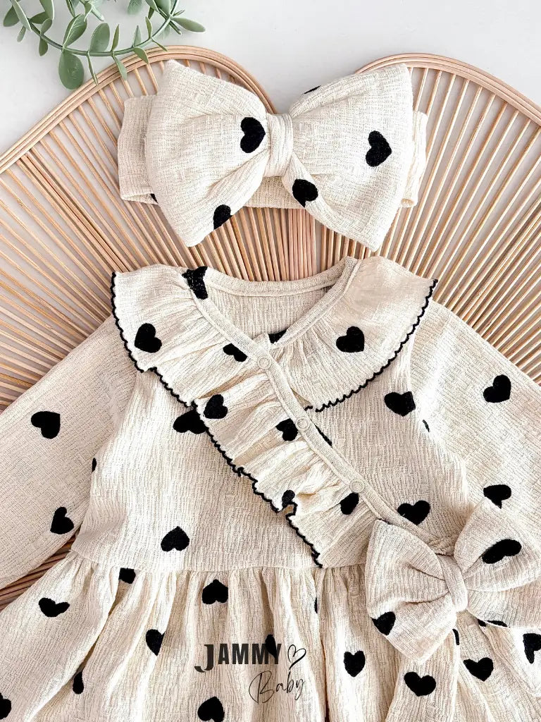 Amore Heart Pattern Crochet Premium Dress & Bandana Set – Black