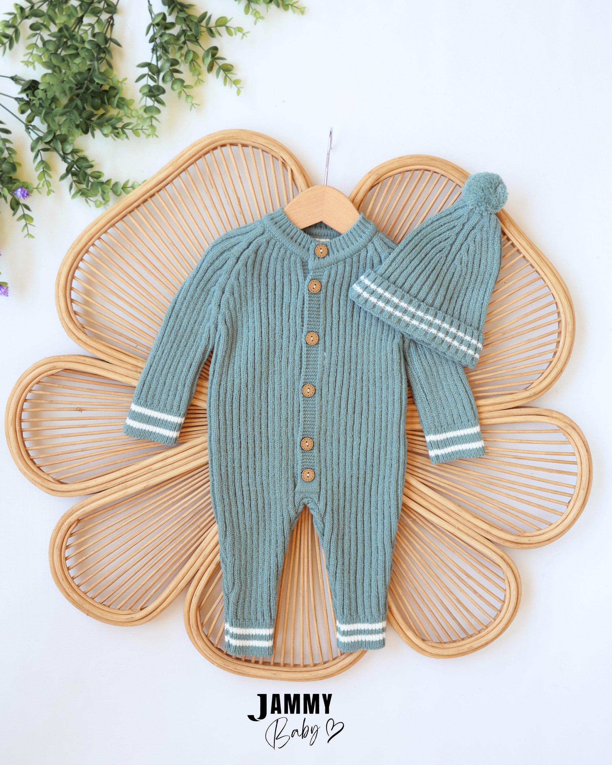 Ribbed Knit Jumpsuit & Beanie Set - Sage Green