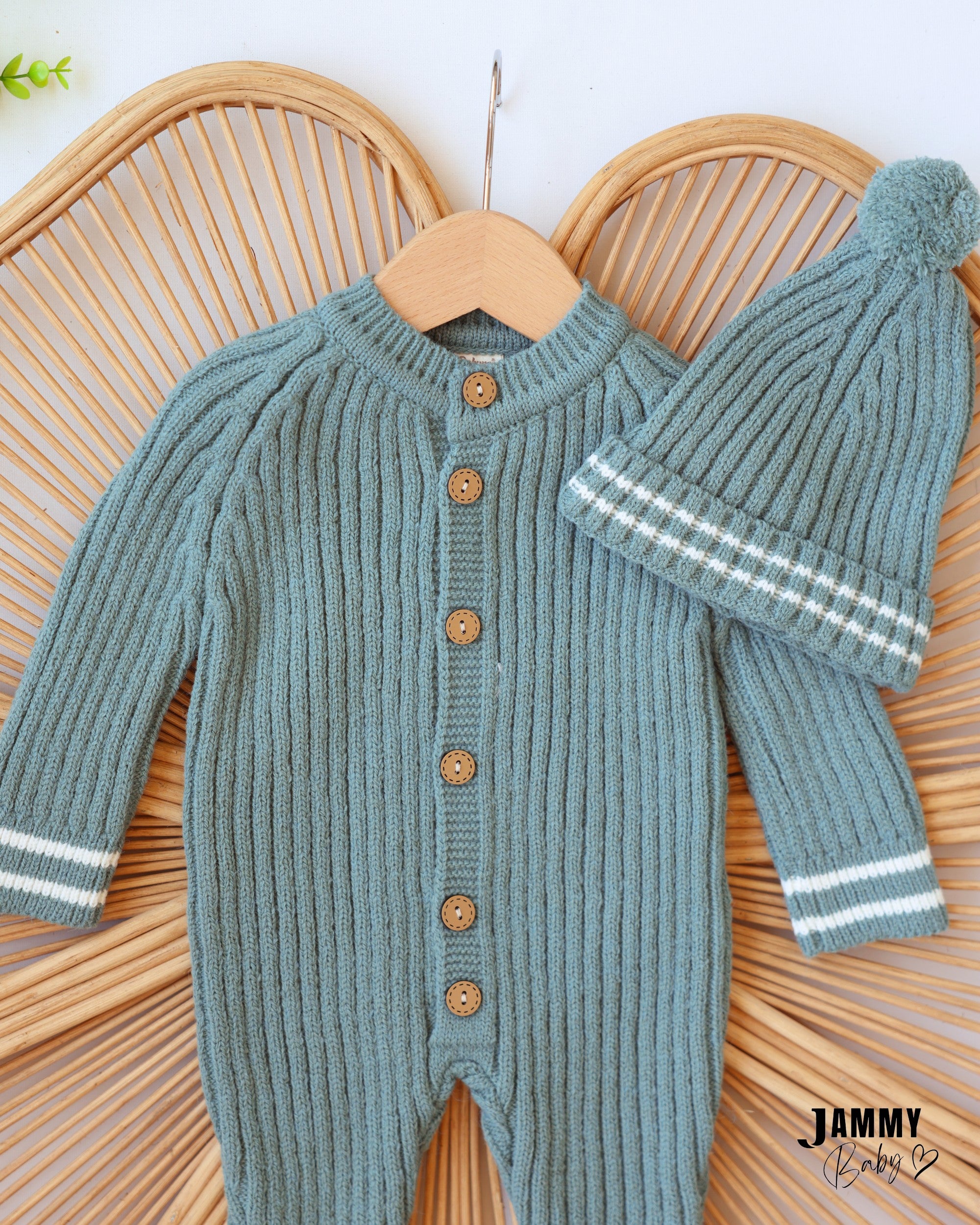 Ribbed Knit Jumpsuit & Beanie Set - Sage Green
