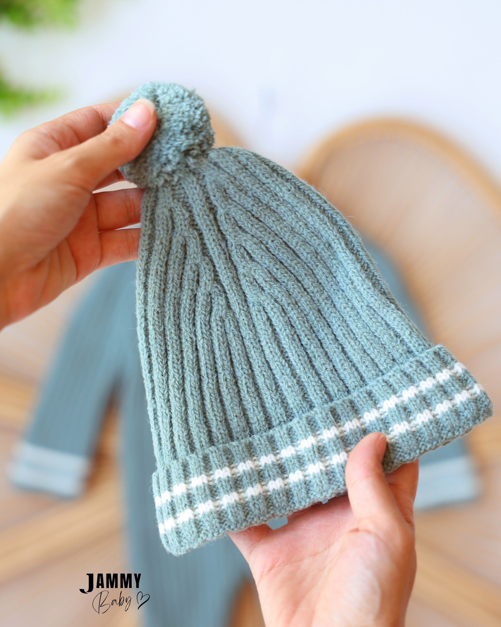 Ribbed Knit Jumpsuit & Beanie Set - Sage Green