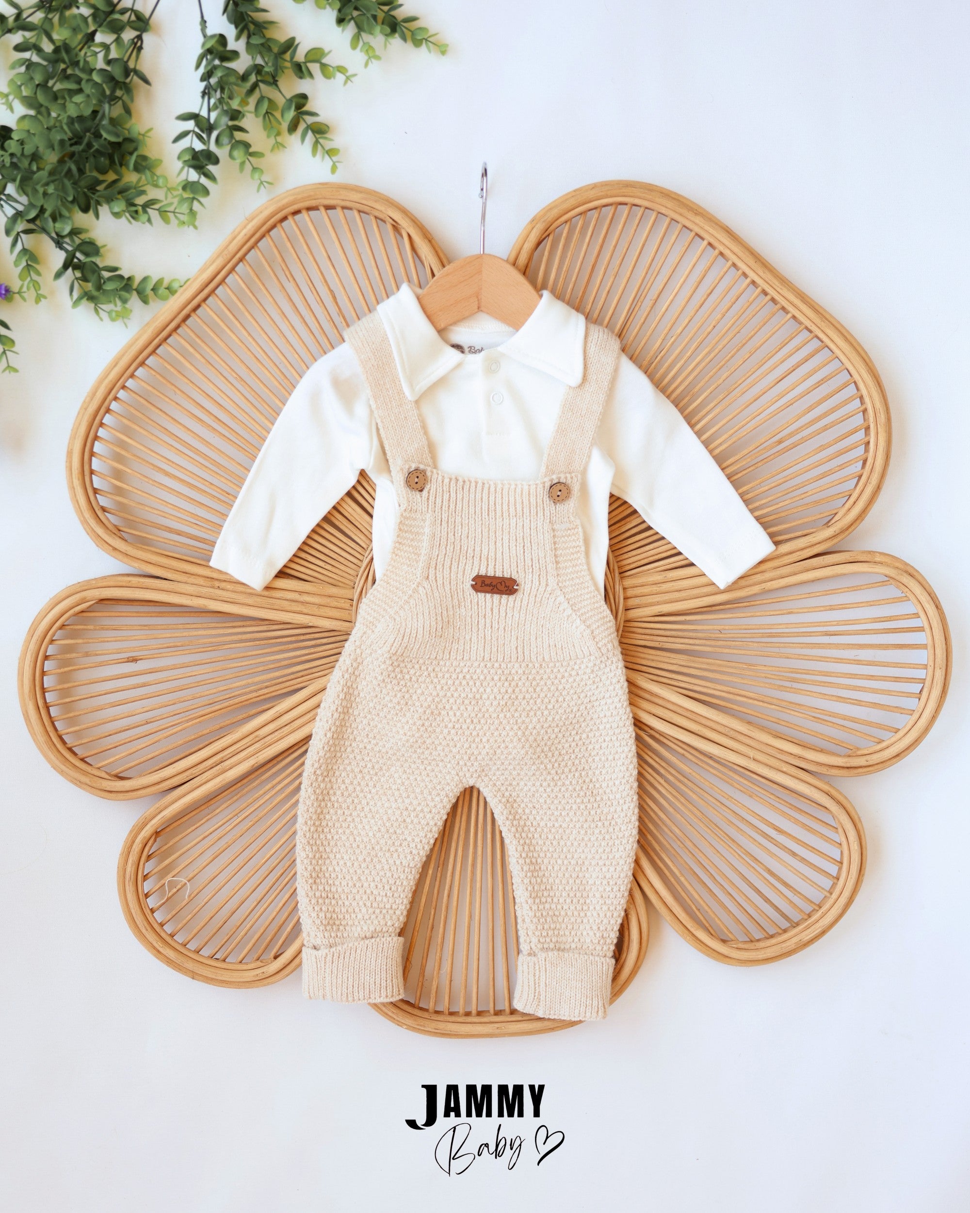 Knit Dungaree & Hooded Cardigan Set - Cream