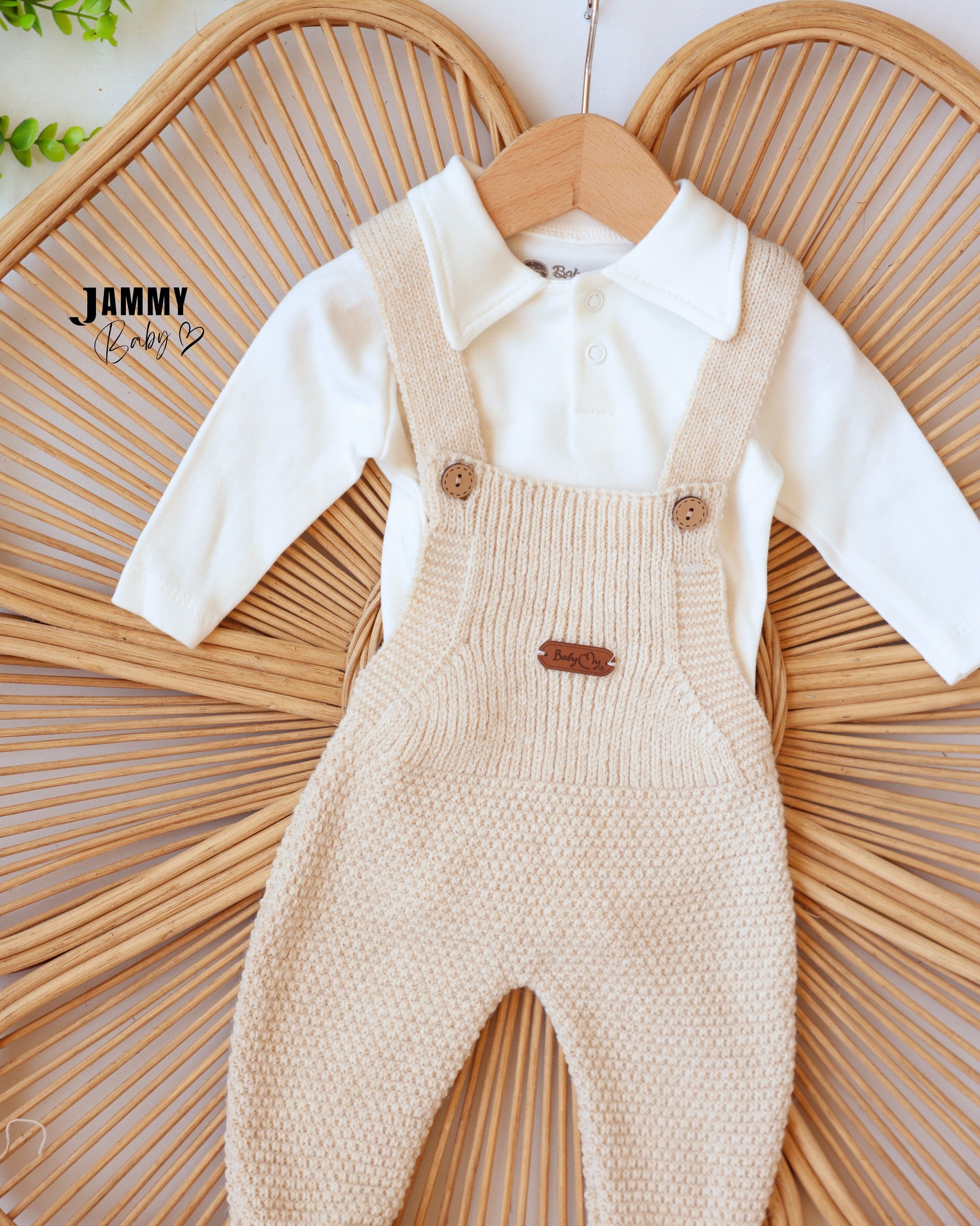 Knit Dungaree & Hooded Cardigan Set - Cream