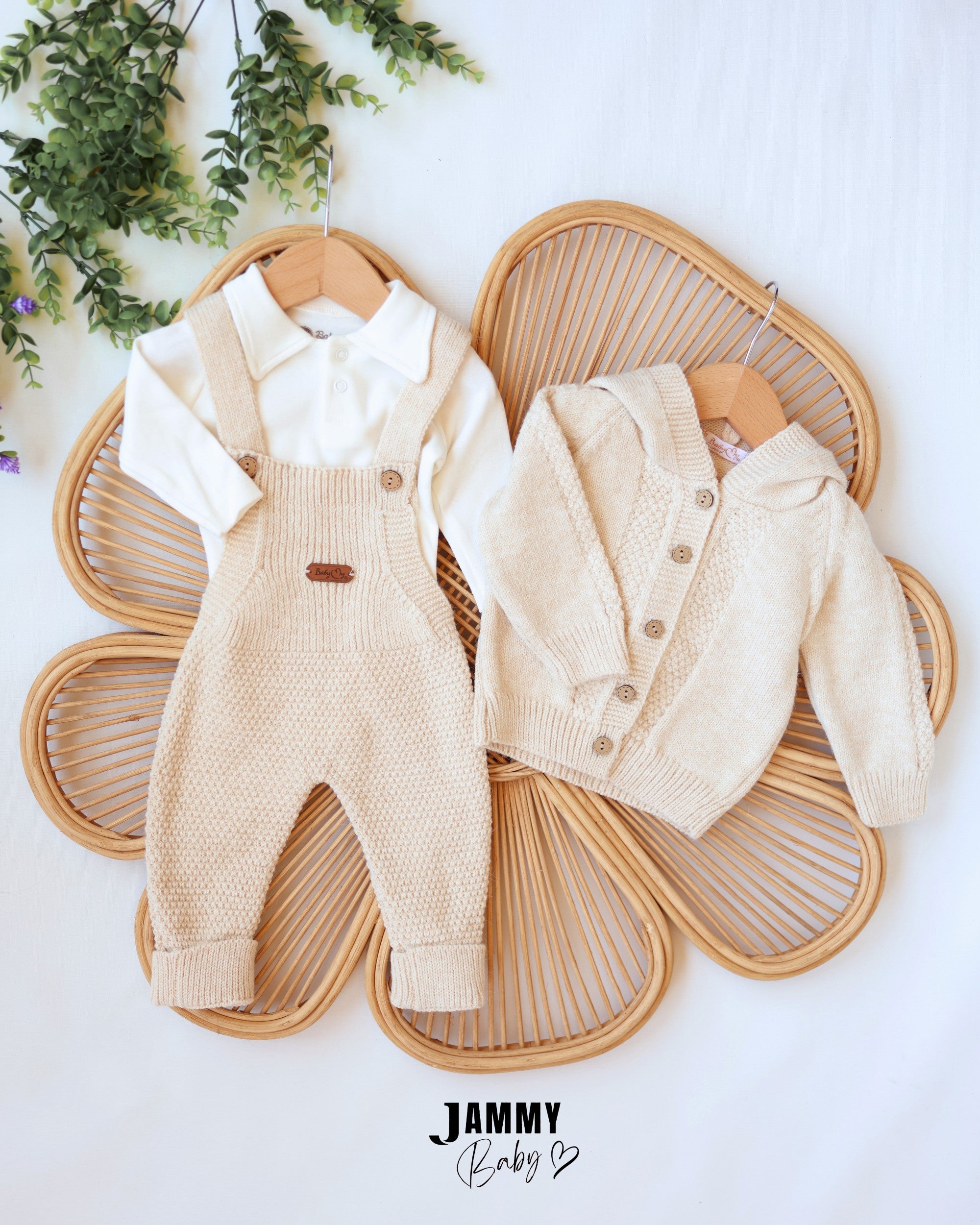 Knit Dungaree & Hooded Cardigan Set - Cream