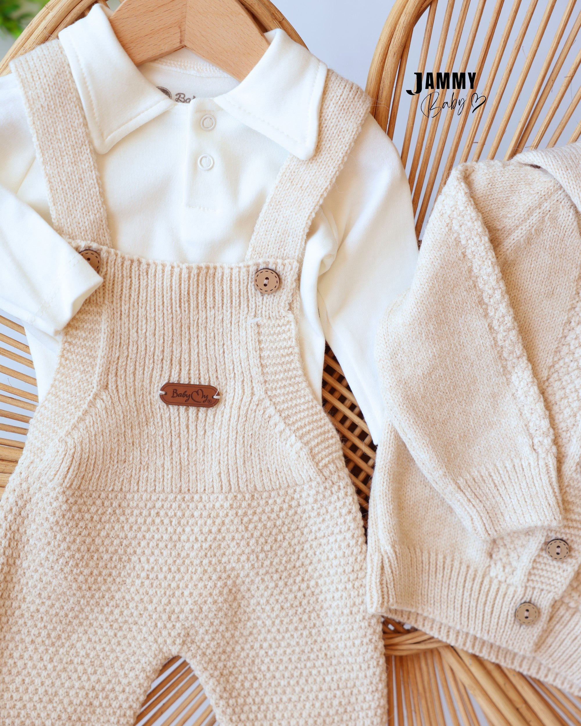 Knit Dungaree & Hooded Cardigan Set - Cream