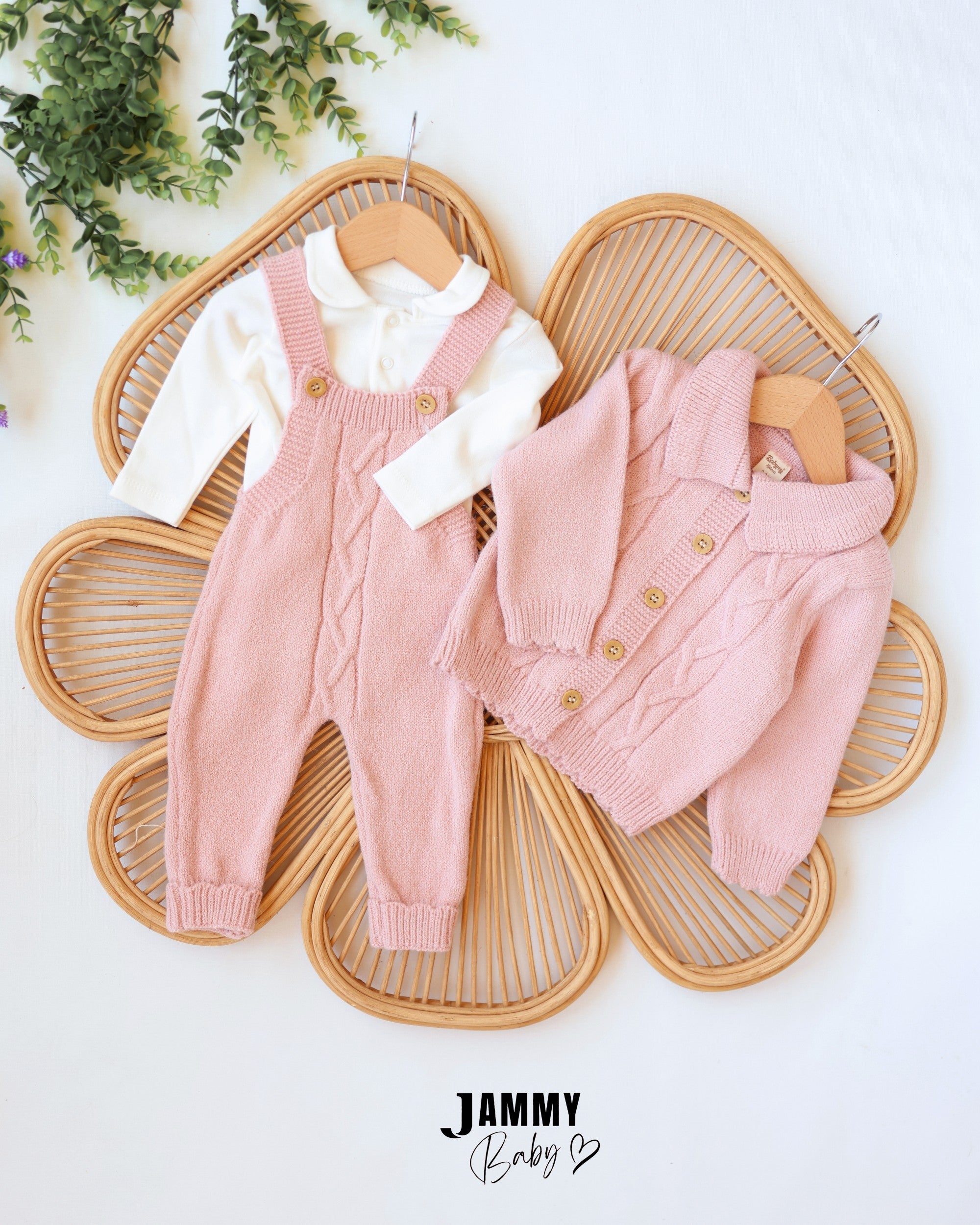 Knit Dungaree & Cardigan Set - Dusty Pink