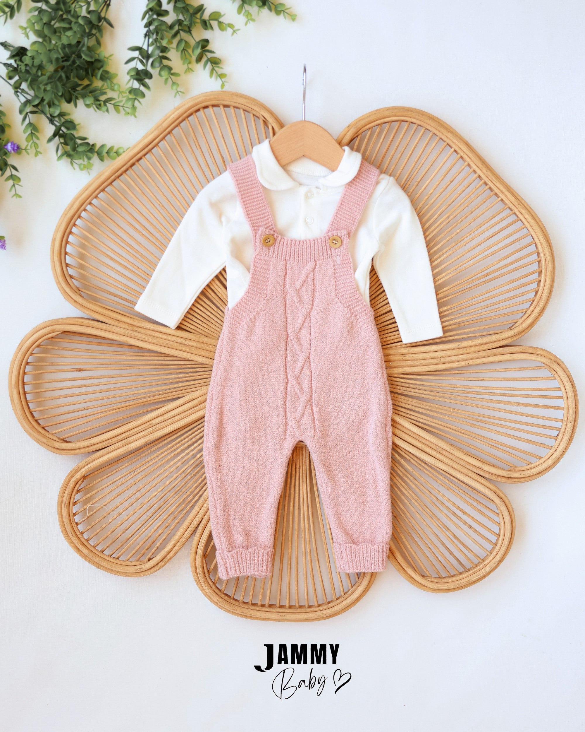 Knit Dungaree & Cardigan Set - Dusty Pink