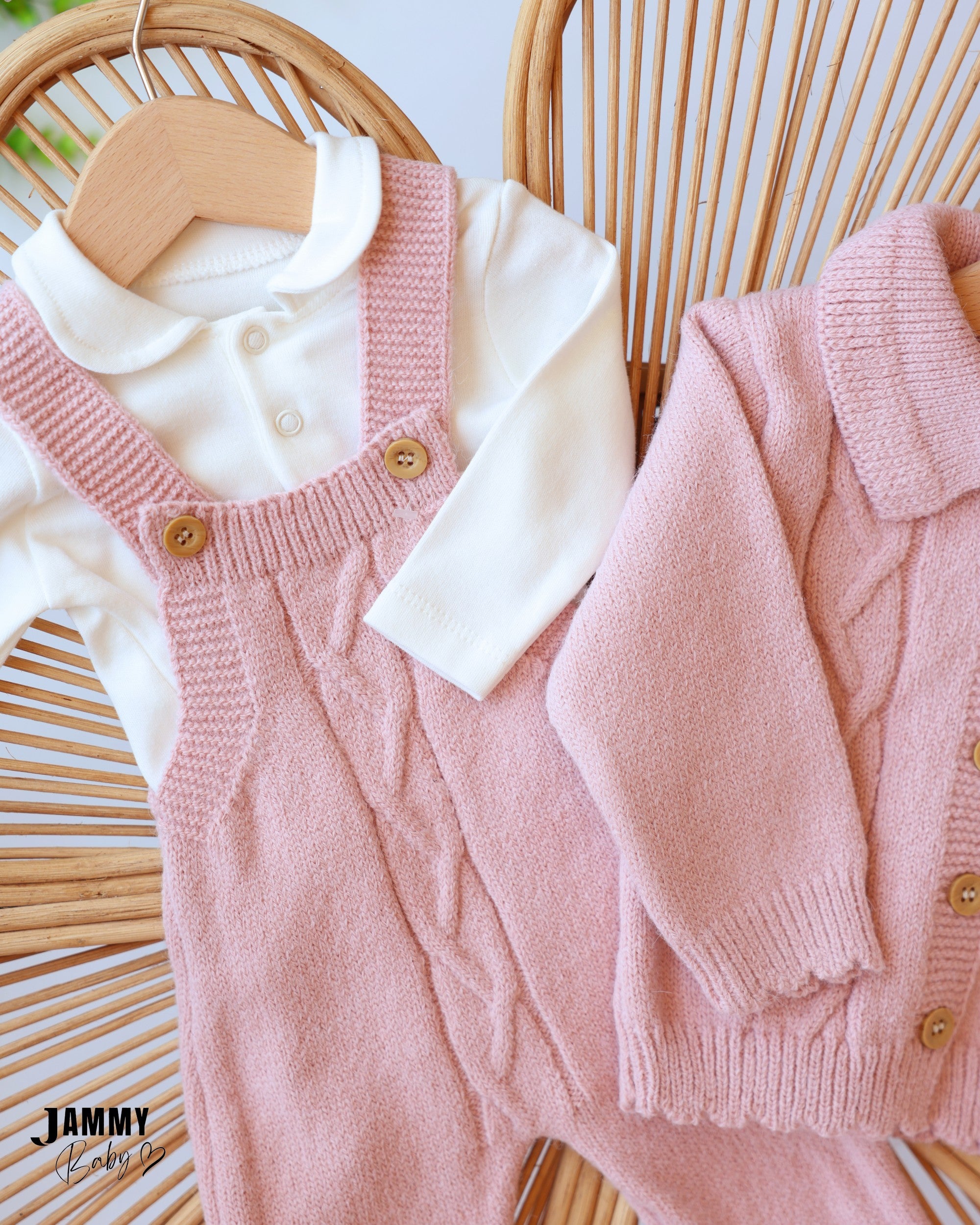 Knit Dungaree & Cardigan Set - Dusty Pink