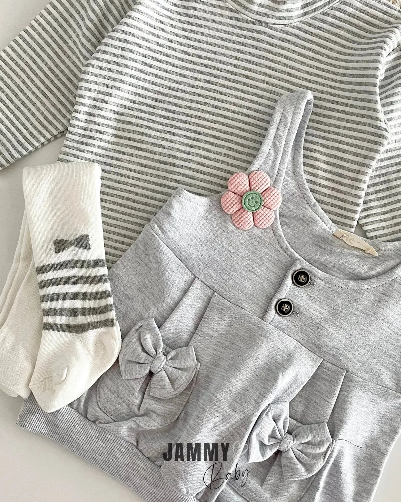 Daisy Bow Pocket Dress / Bodysuit and Socks Set-GRAY