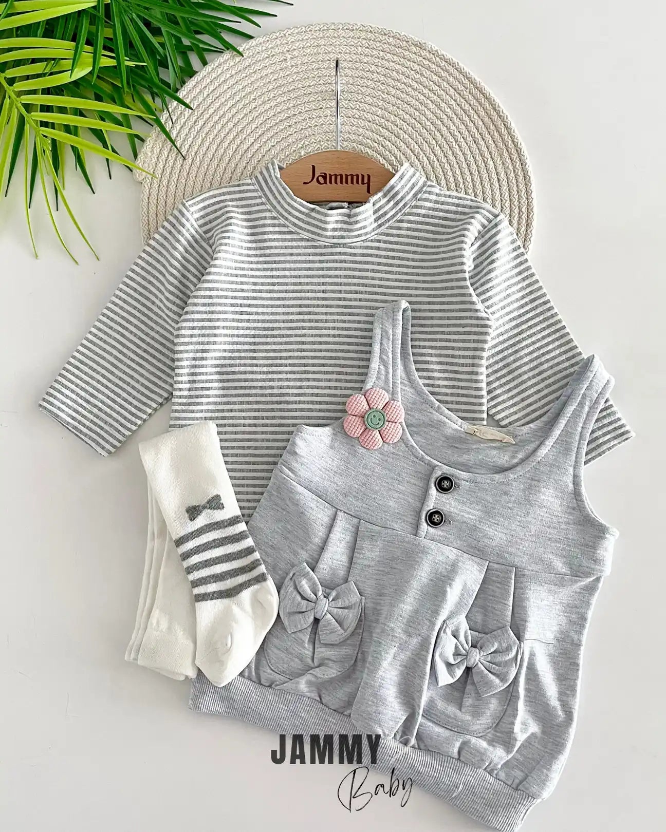 Daisy Bow Pocket Dress / Bodysuit and Socks Set-GRAY