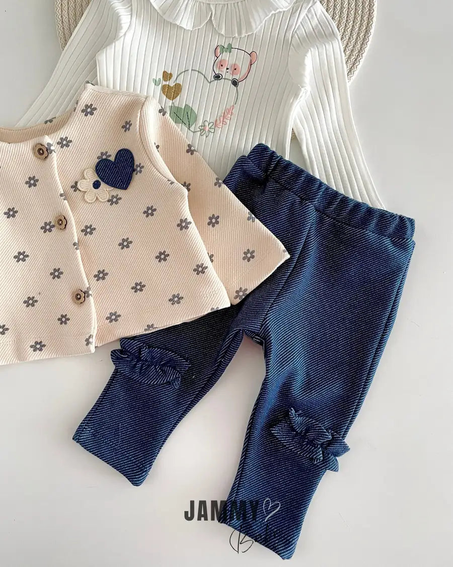 Love Flowers Cardigan and Denim Leggings Set-CREAM