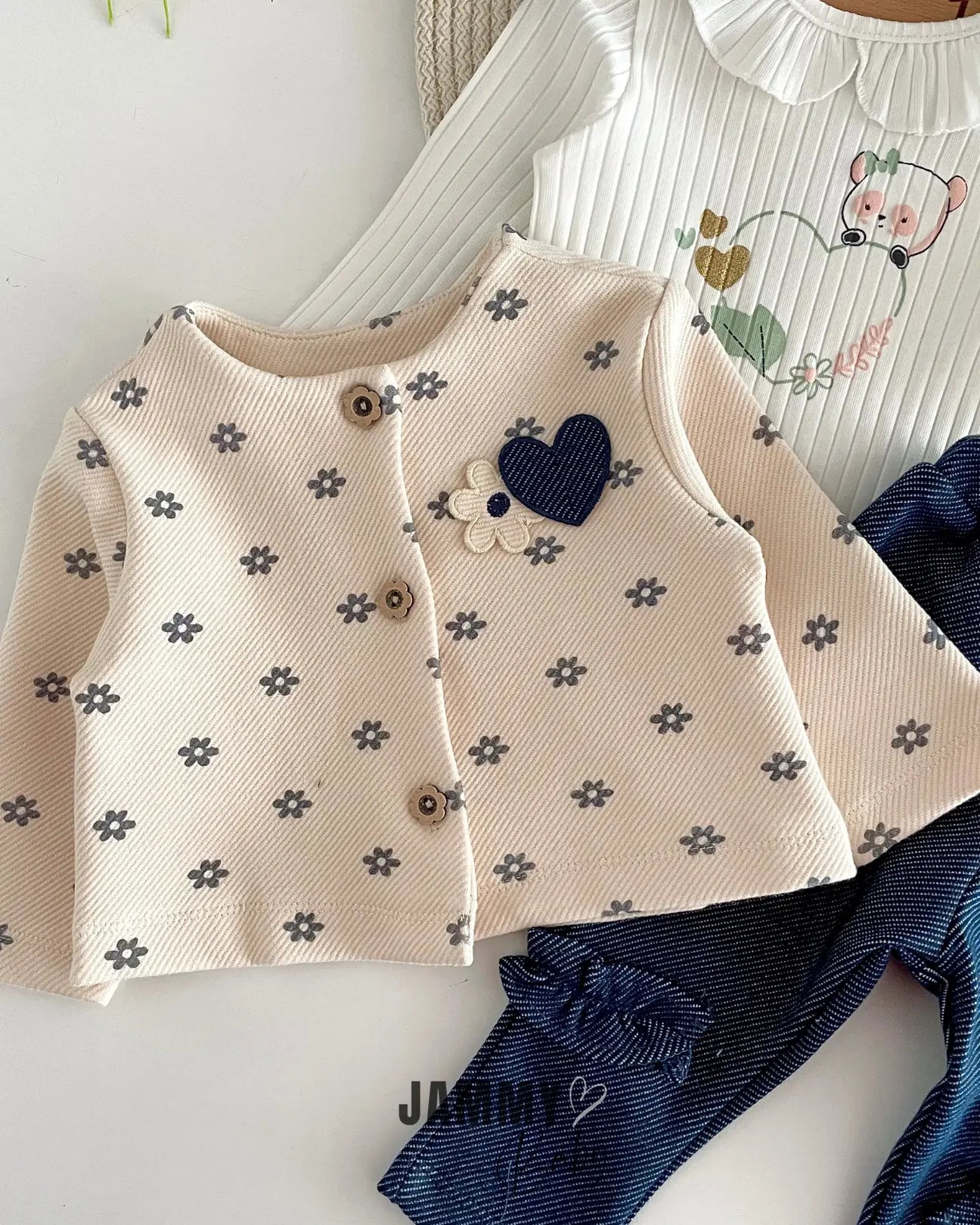 Love Flowers Cardigan and Denim Leggings Set-CREAM