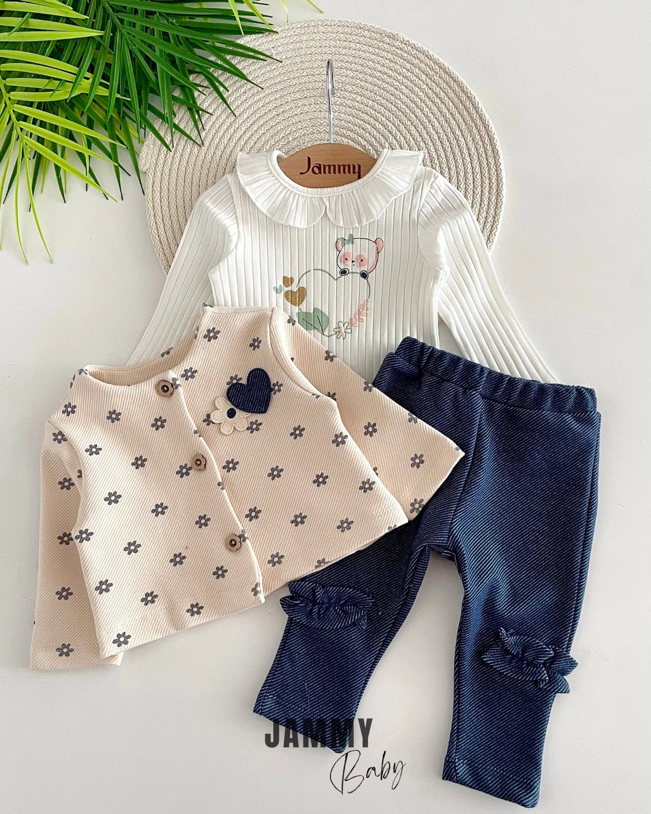 Love Flowers Cardigan and Denim Leggings Set-CREAM