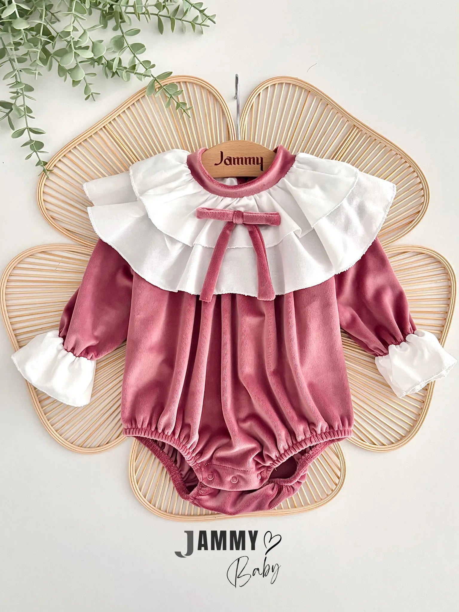 Briella Layered Ruffle-Collar Bow Soft Shiny Velvet Romper – DUSTY ROSE