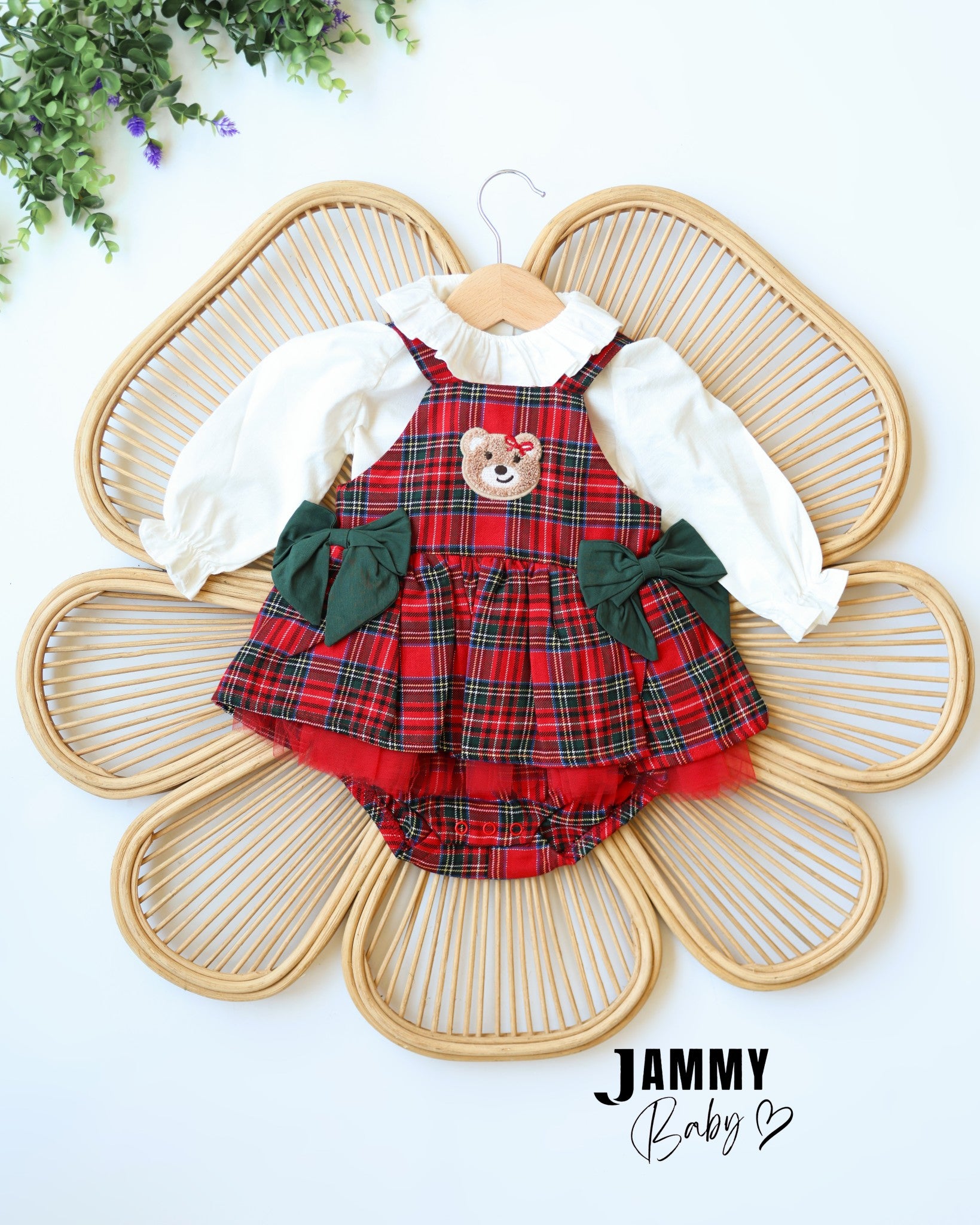 Christmas Teddy Bear Tartan Pinafore Romper – Red & Green