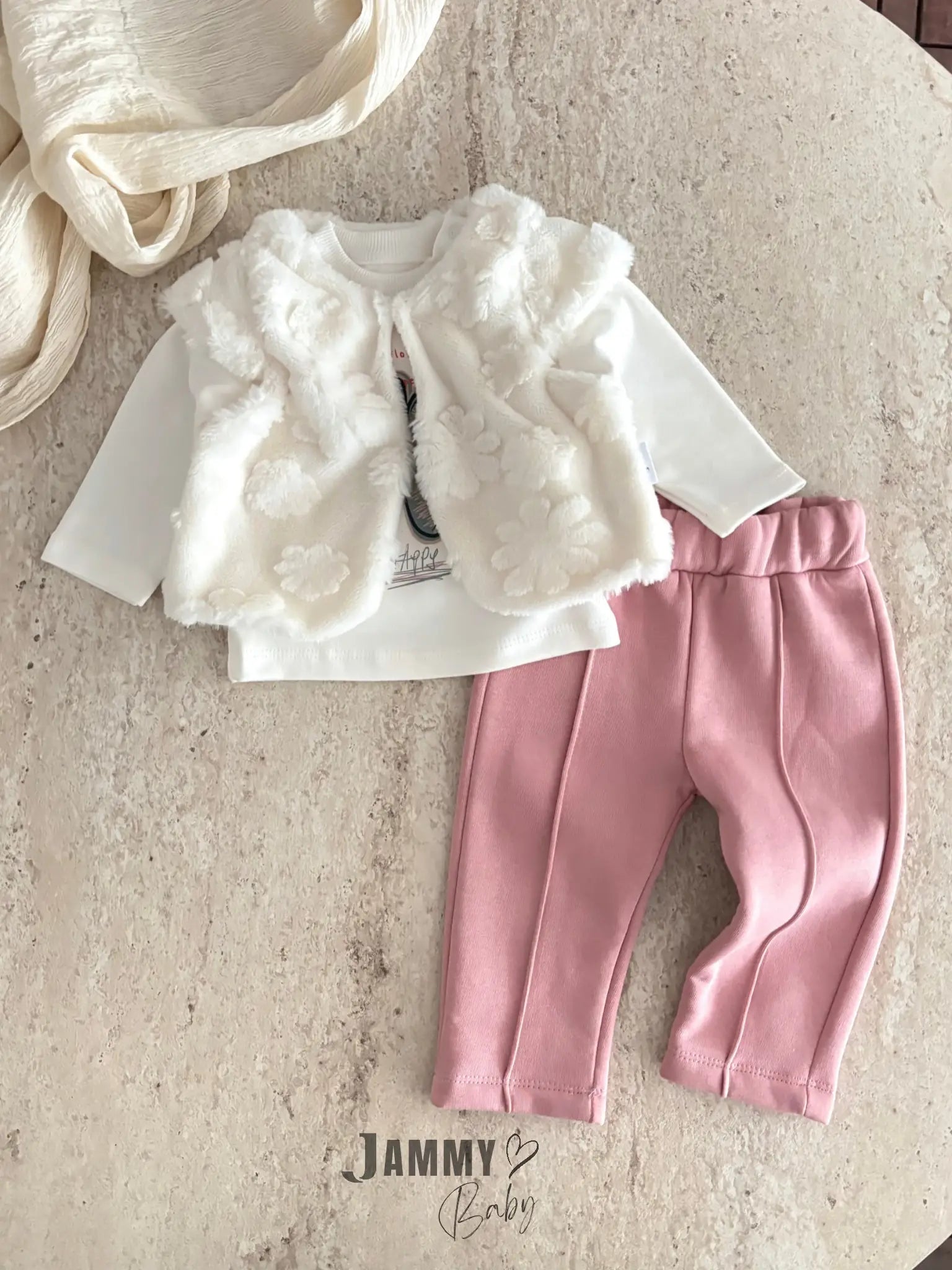 Happy Flowers Printed Plush Vest and 3-Piece Set - Rose Pink