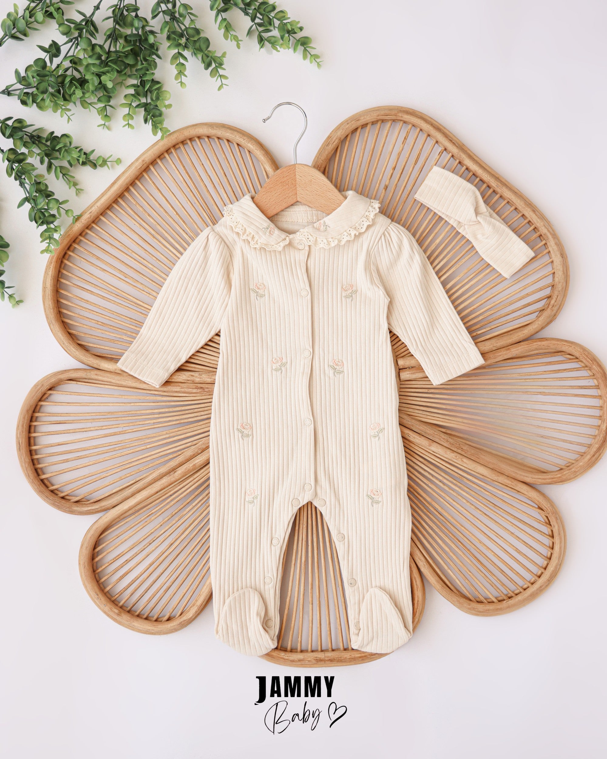 Ribbed Rose Embroidered Footed Romper & Headband Set – Beige