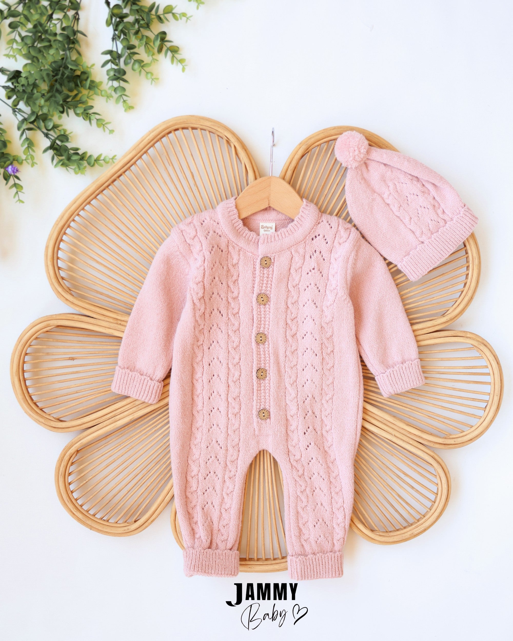 Cable Knit Jumpsuit & Beanie Set - Blush Pink