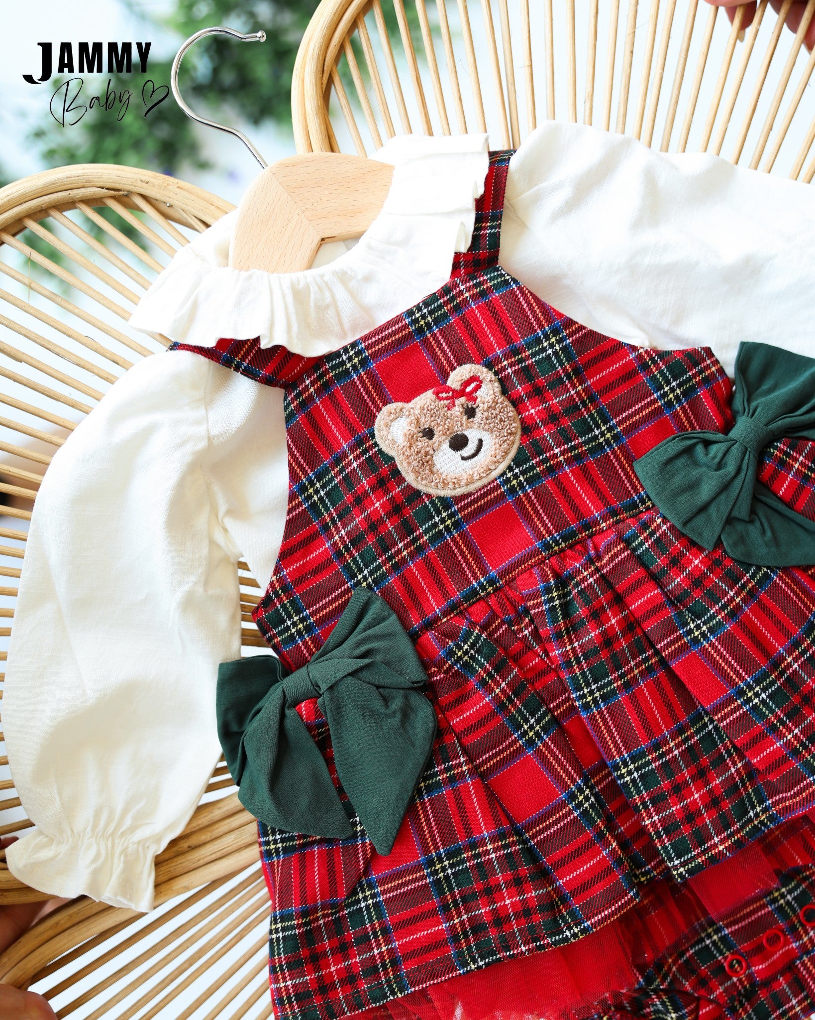 Christmas Teddy Bear Tartan Pinafore Romper – Red & Green