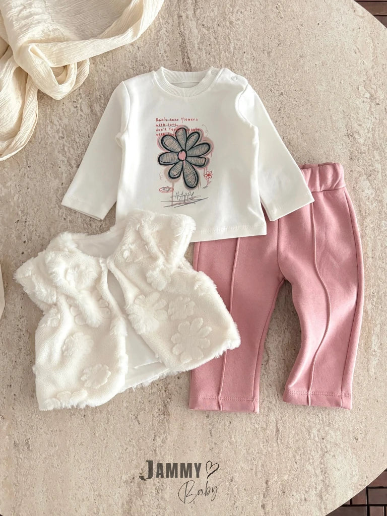 Happy Flowers Printed Plush Vest and 3-Piece Set - Rose Pink