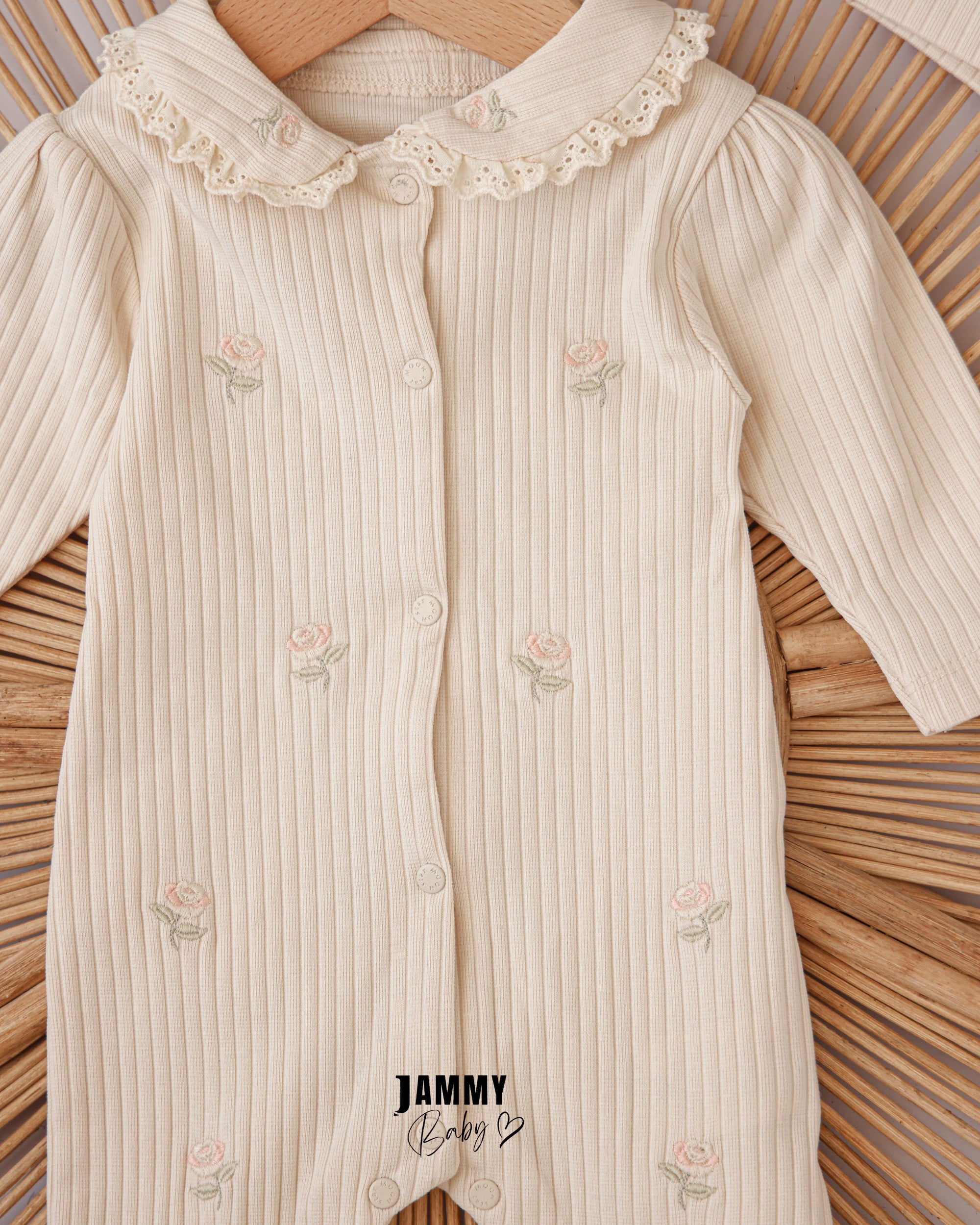 Ribbed Rose Embroidered Footed Romper & Headband Set – Beige
