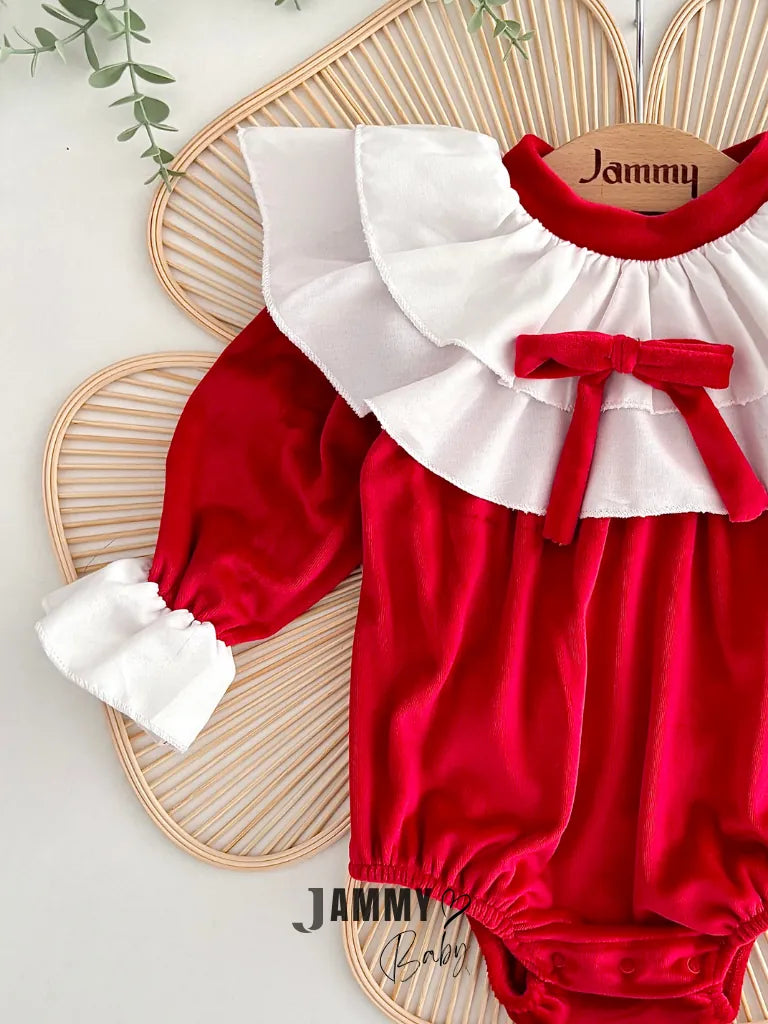 Briella Layered Ruffle-Collar Bow Soft Shiny Velvet Romper – RED