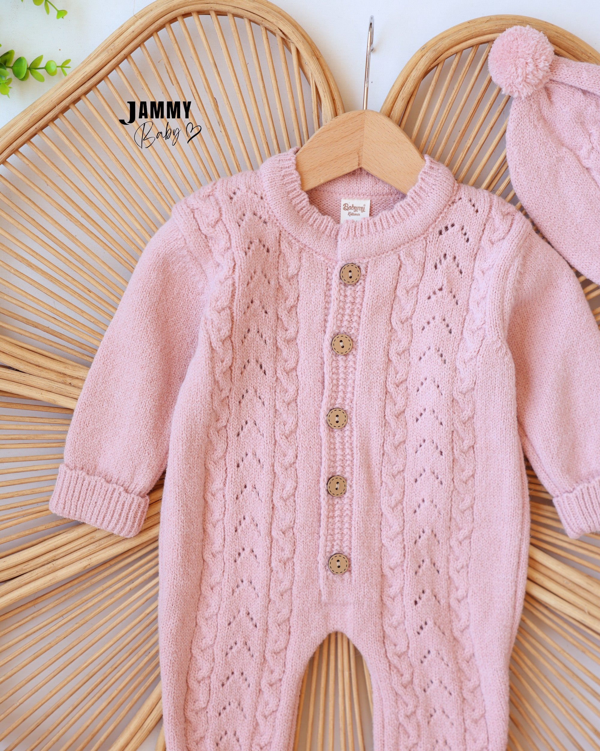 Cable Knit Jumpsuit & Beanie Set - Blush Pink