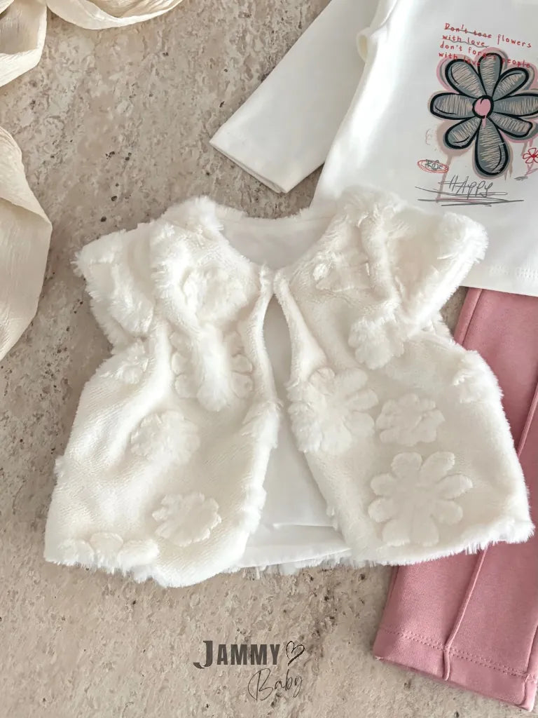 Happy Flowers Printed Plush Vest and 3-Piece Set - Rose Pink