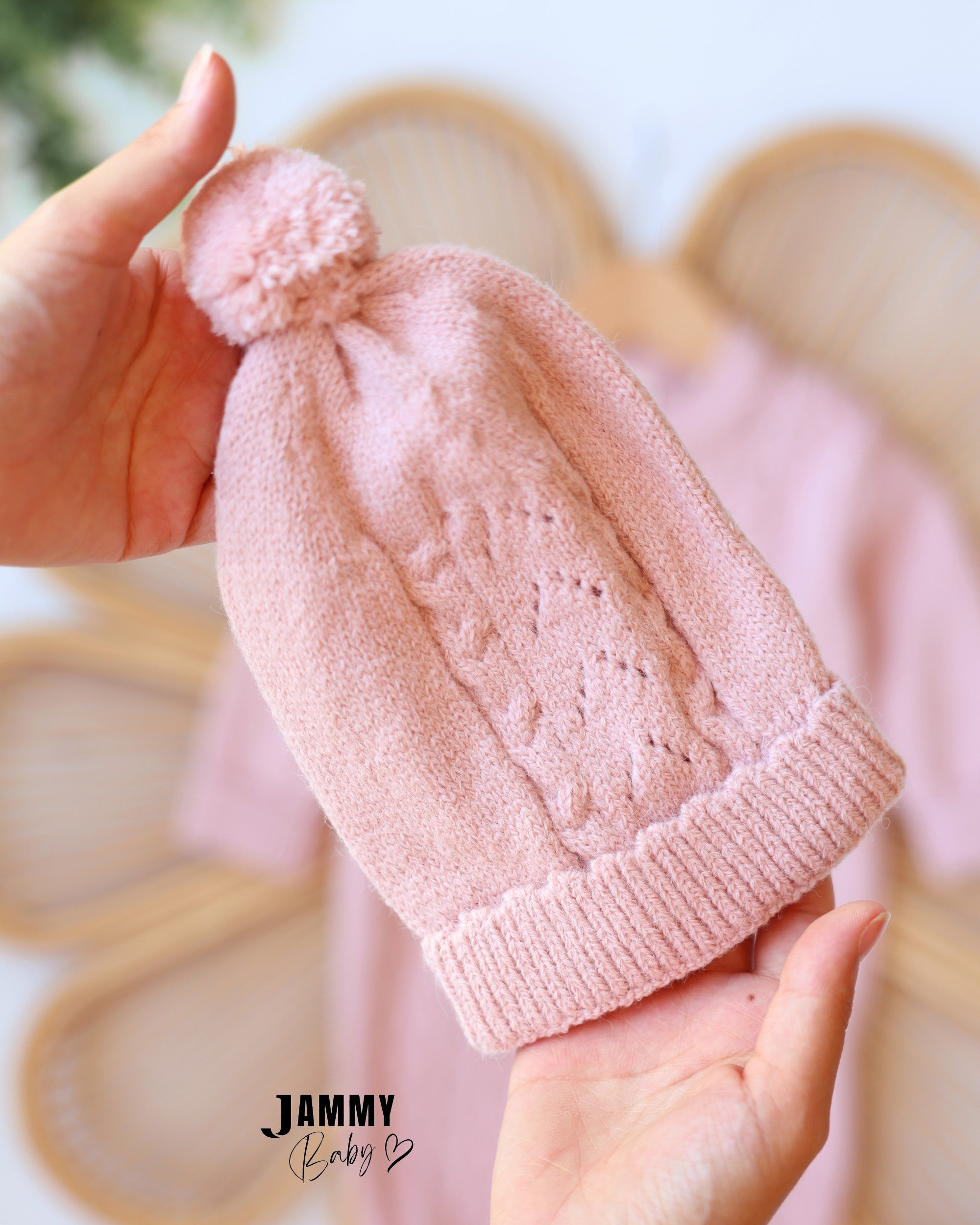 Cable Knit Jumpsuit & Beanie Set - Blush Pink