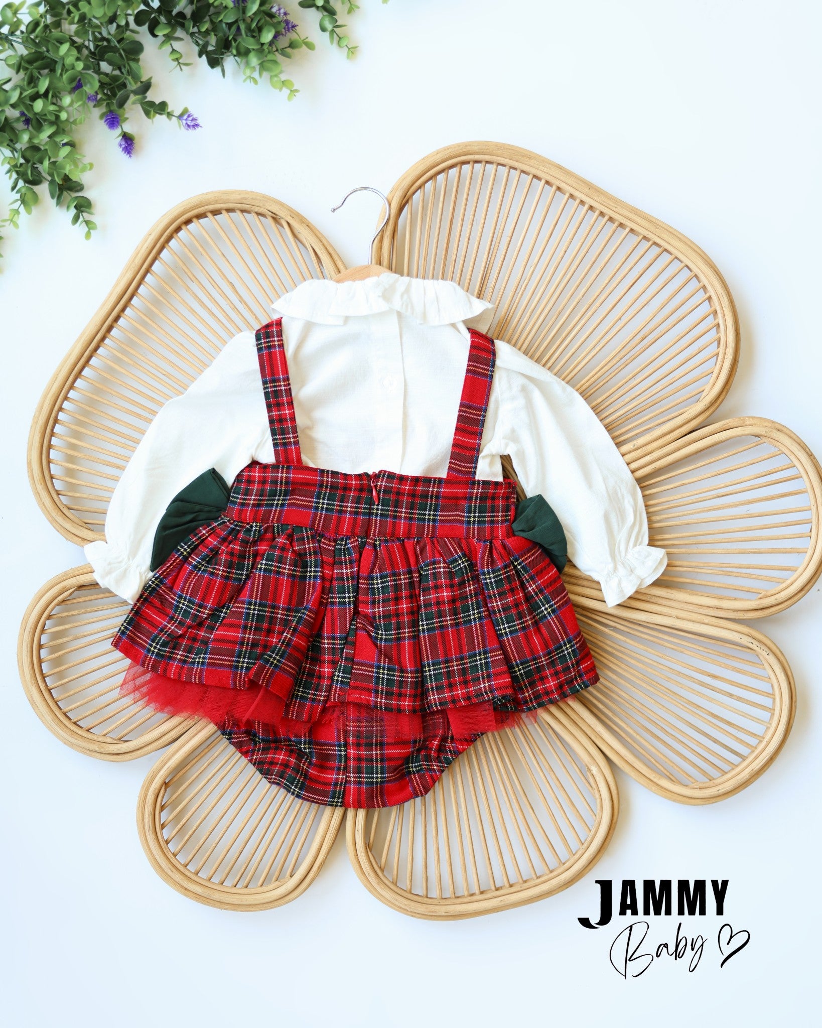 Christmas Teddy Bear Tartan Pinafore Romper – Red & Green