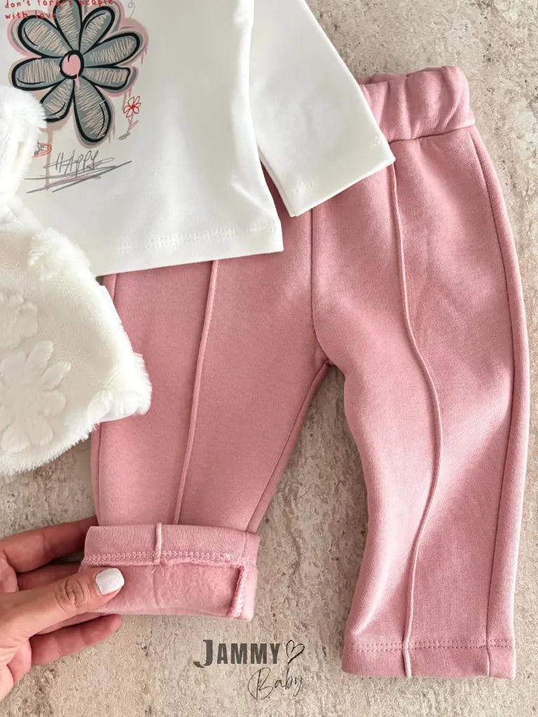Happy Flowers Printed Plush Vest and 3-Piece Set - Rose Pink