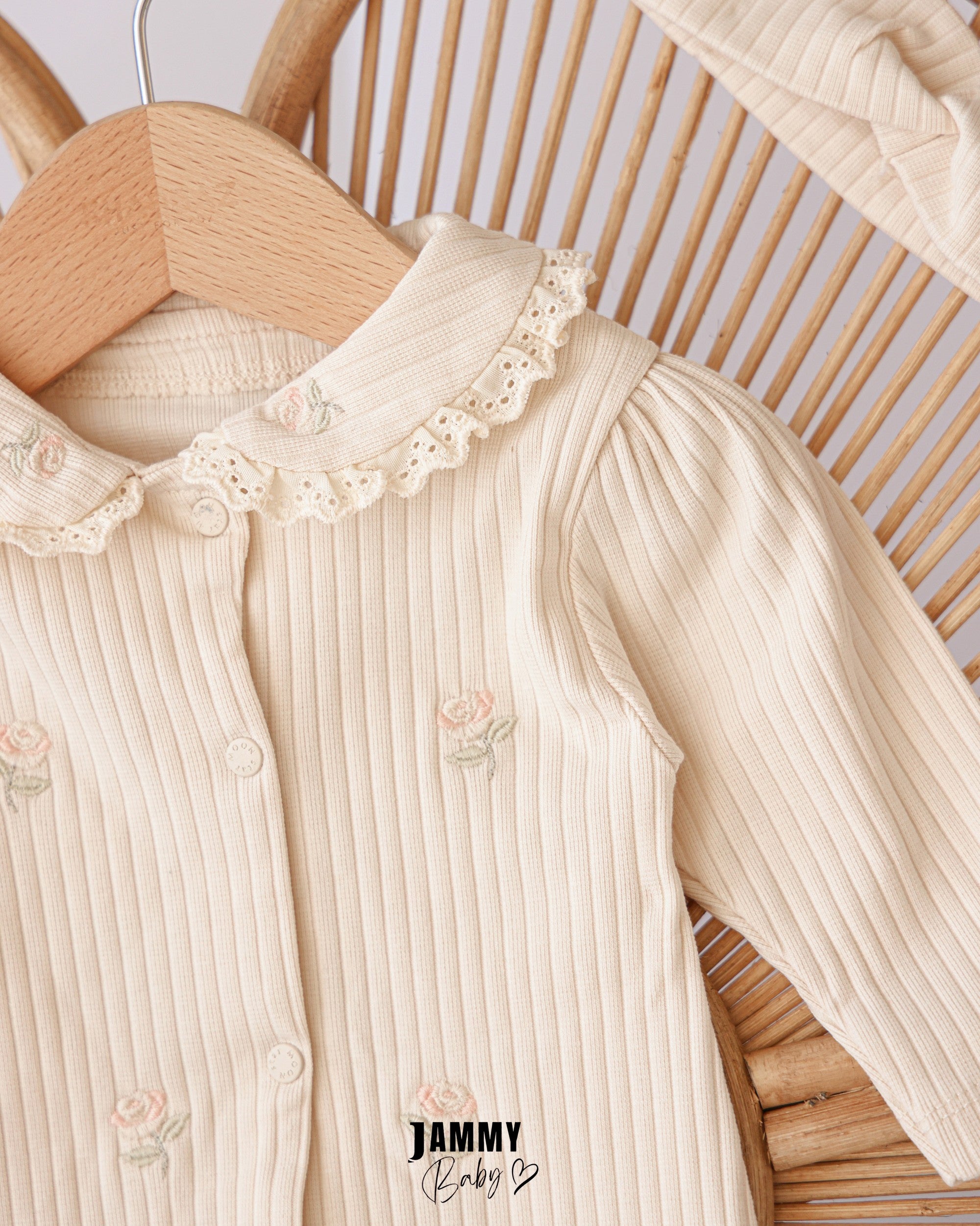 Ribbed Rose Embroidered Footed Romper & Headband Set – Beige