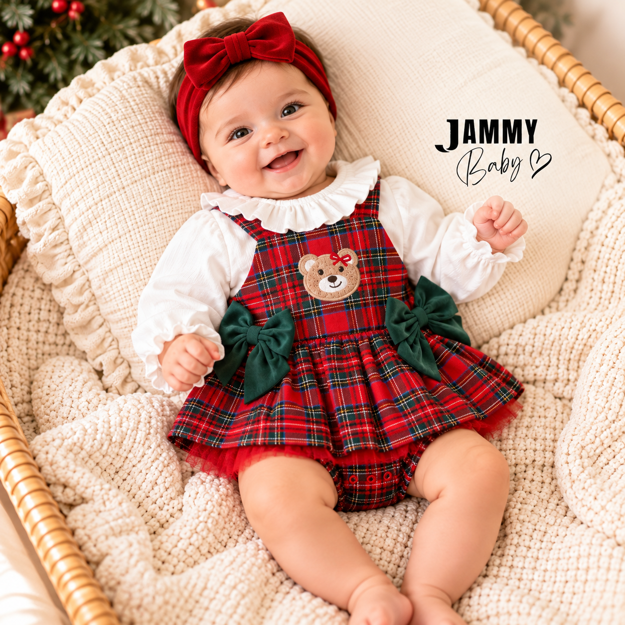 Christmas Teddy Bear Tartan Pinafore Romper – Red & Green