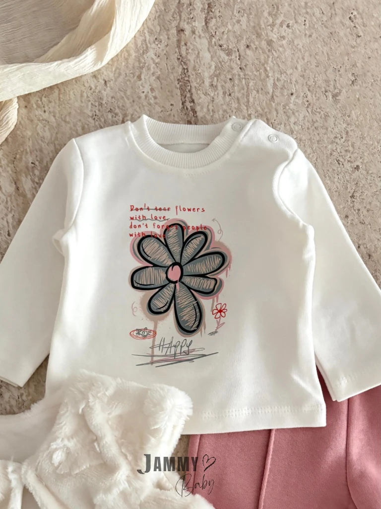 Happy Flowers Printed Plush Vest and 3-Piece Set - Rose Pink