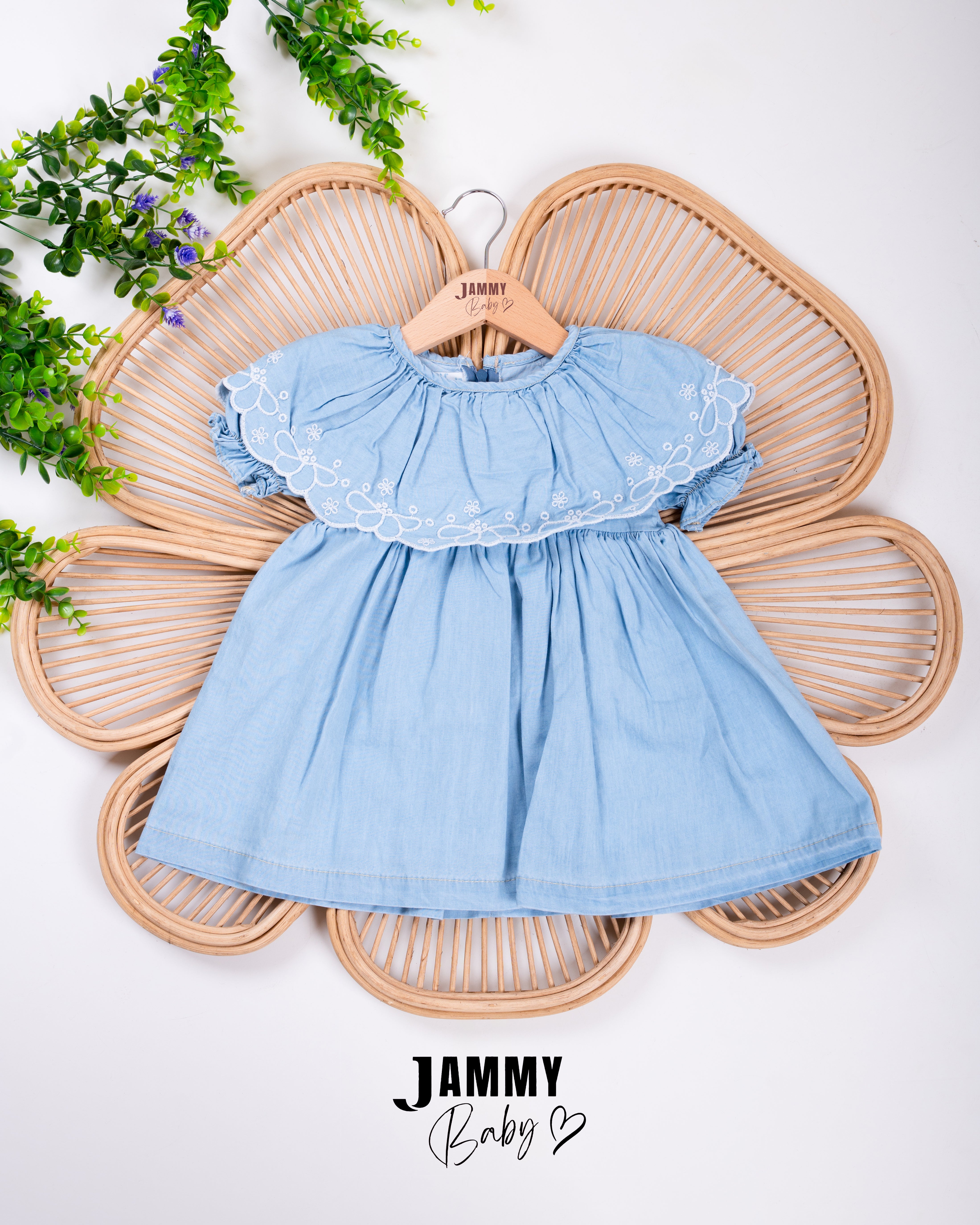 Embroidered Ruffle Denim Dress – Light Blue