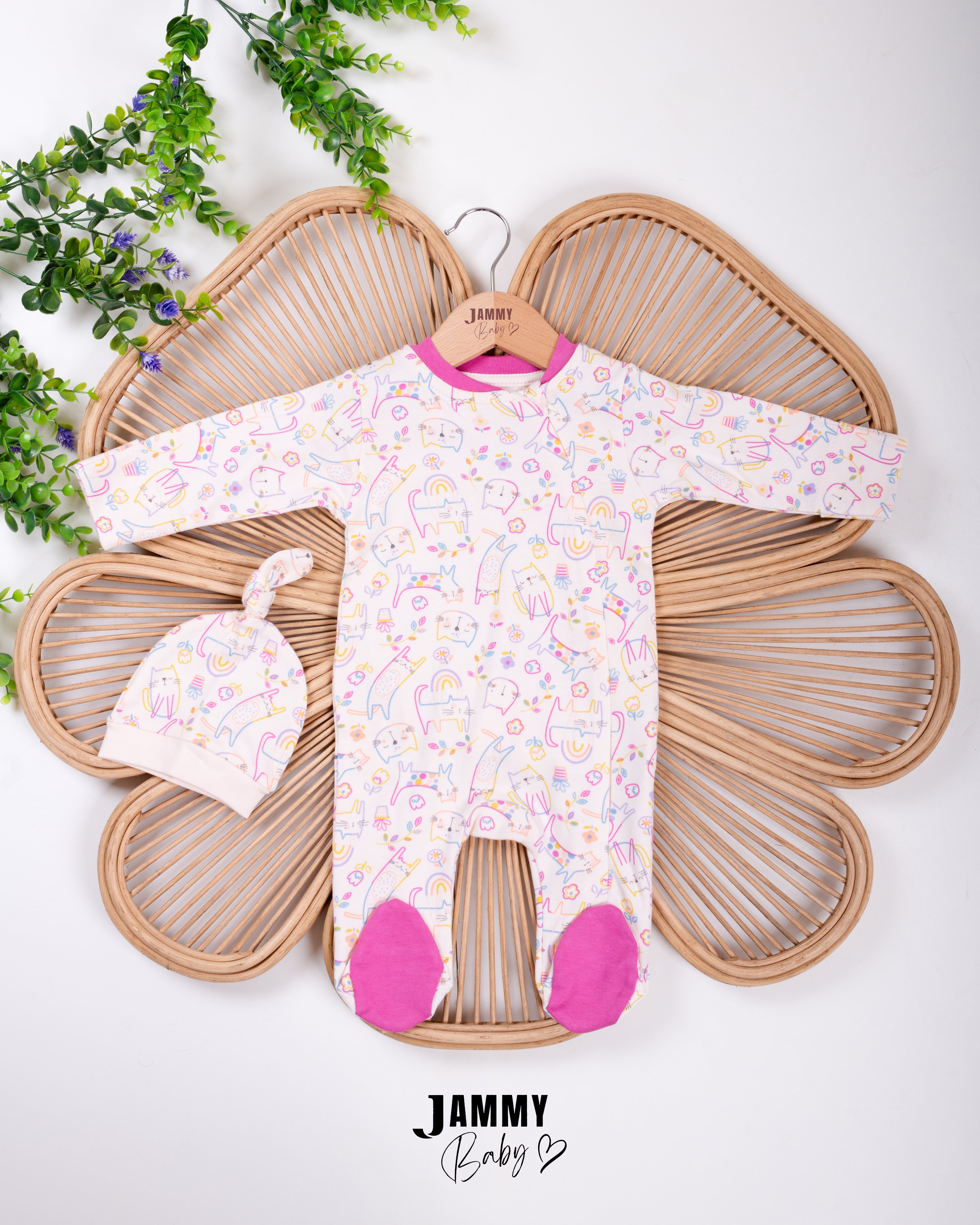 Rainbow Kitty Newborn Romper & Hat Set – White