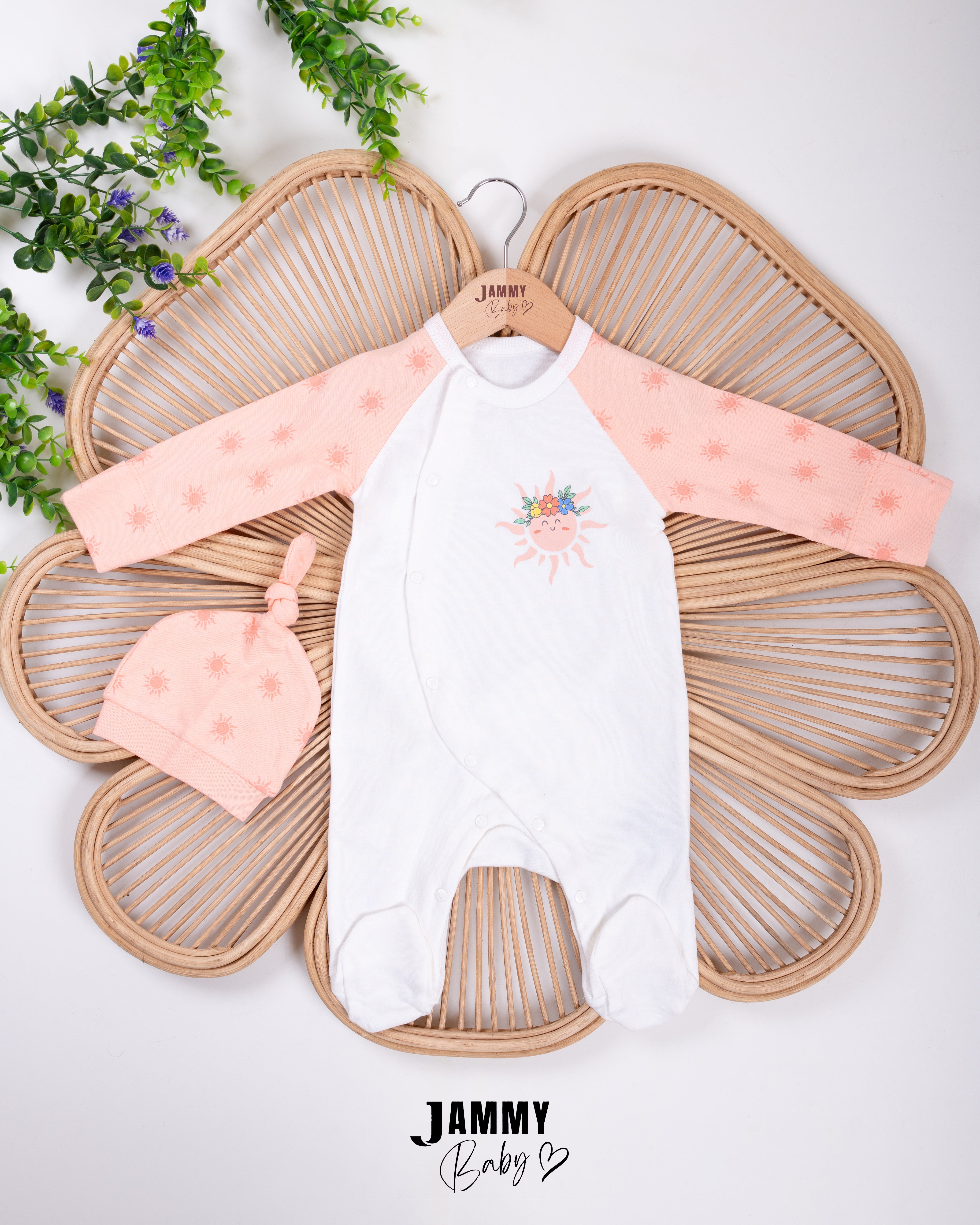 Sunny Bloom Newborn Romper & Hat Set – White & Peach