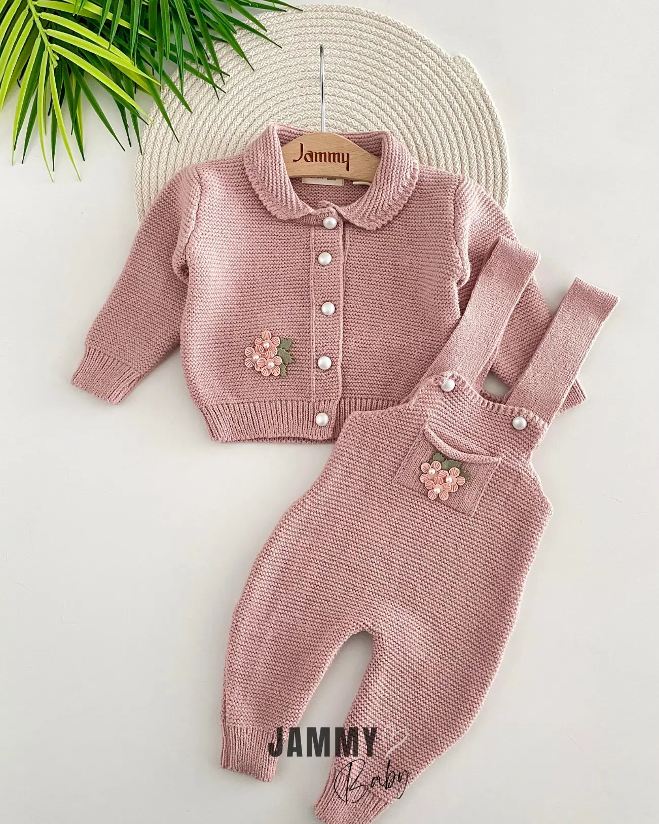 Pearly Flower Detailed Knitted Cardigan / Knitted Overall Set - Dried Rose