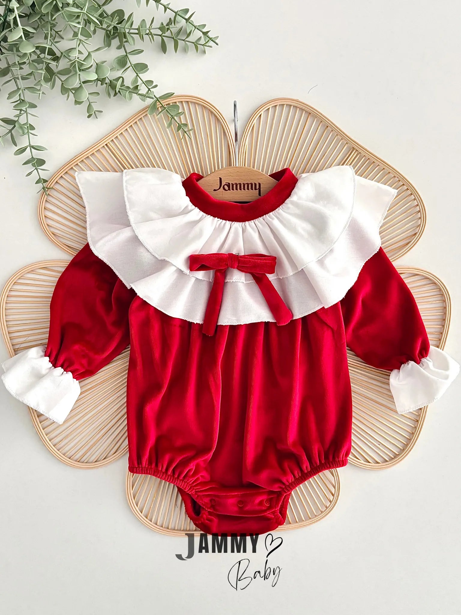Briella Layered Ruffle-Collar Bow Soft Shiny Velvet Romper – RED