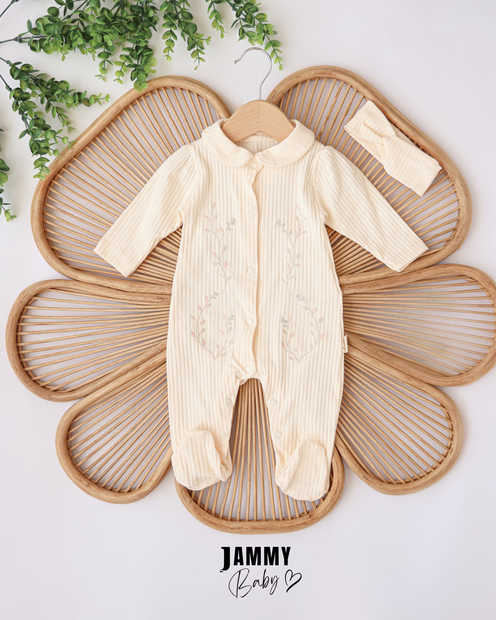 Botanical Embroidered Ribbed Romper & Headband Set – Beige