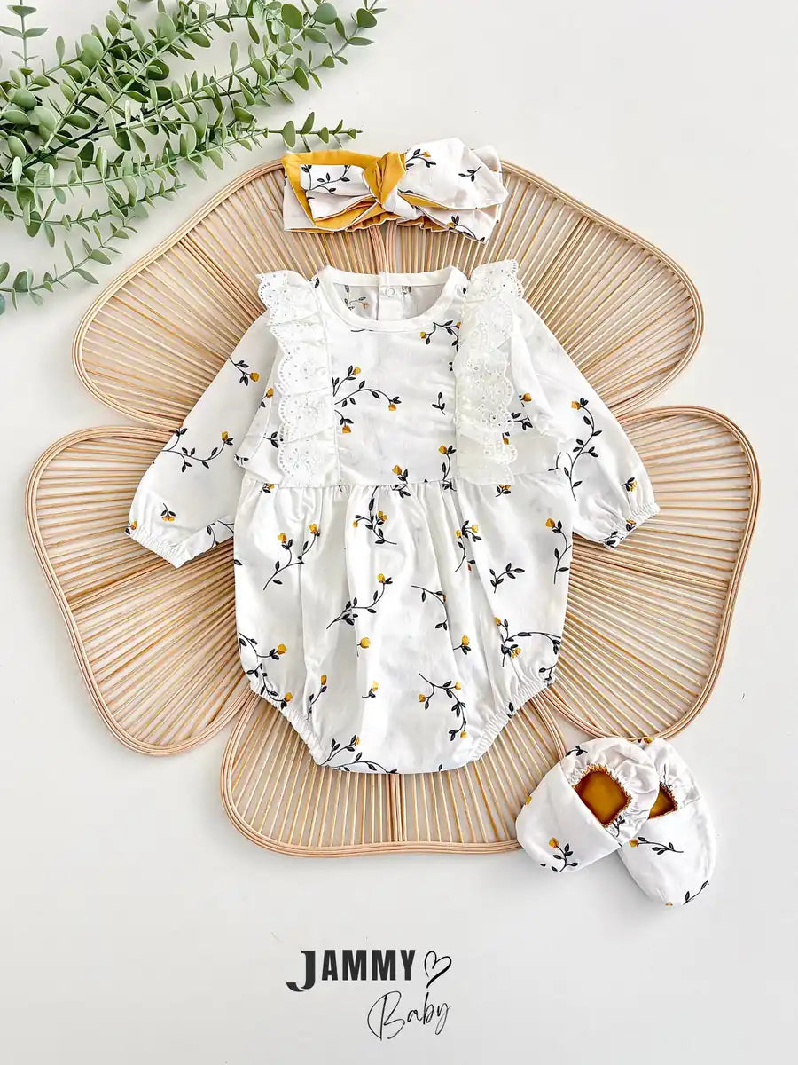 Liliya Floral Patterned Poplin Romper Set with Footies and Bandana - YELLOW