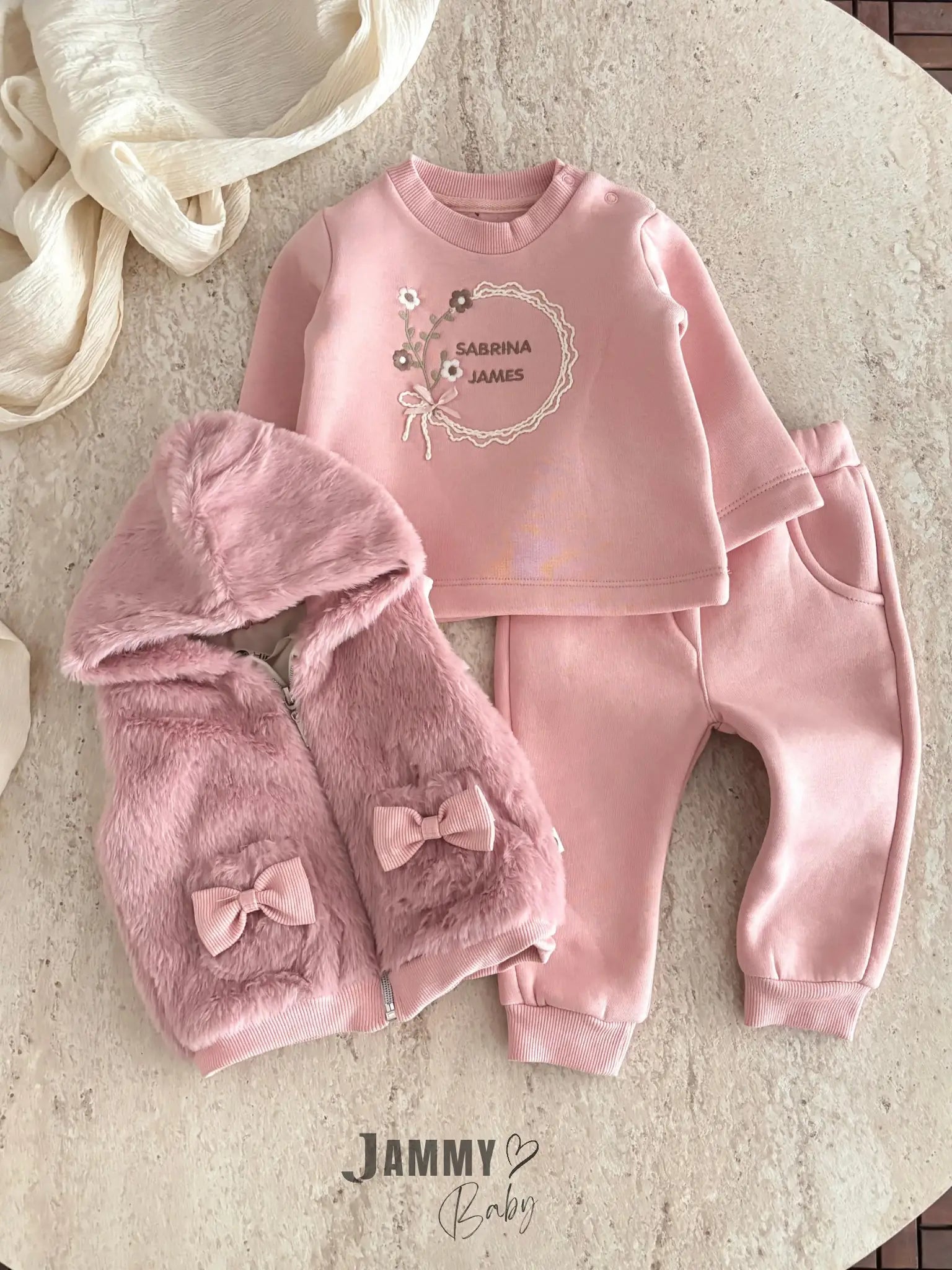 Three-Piece Set with Embroidered Plush Vest - Pink
